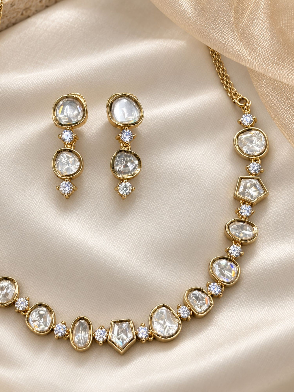 Gold Plated Kundan Polki Statement Necklace Set with Earrings