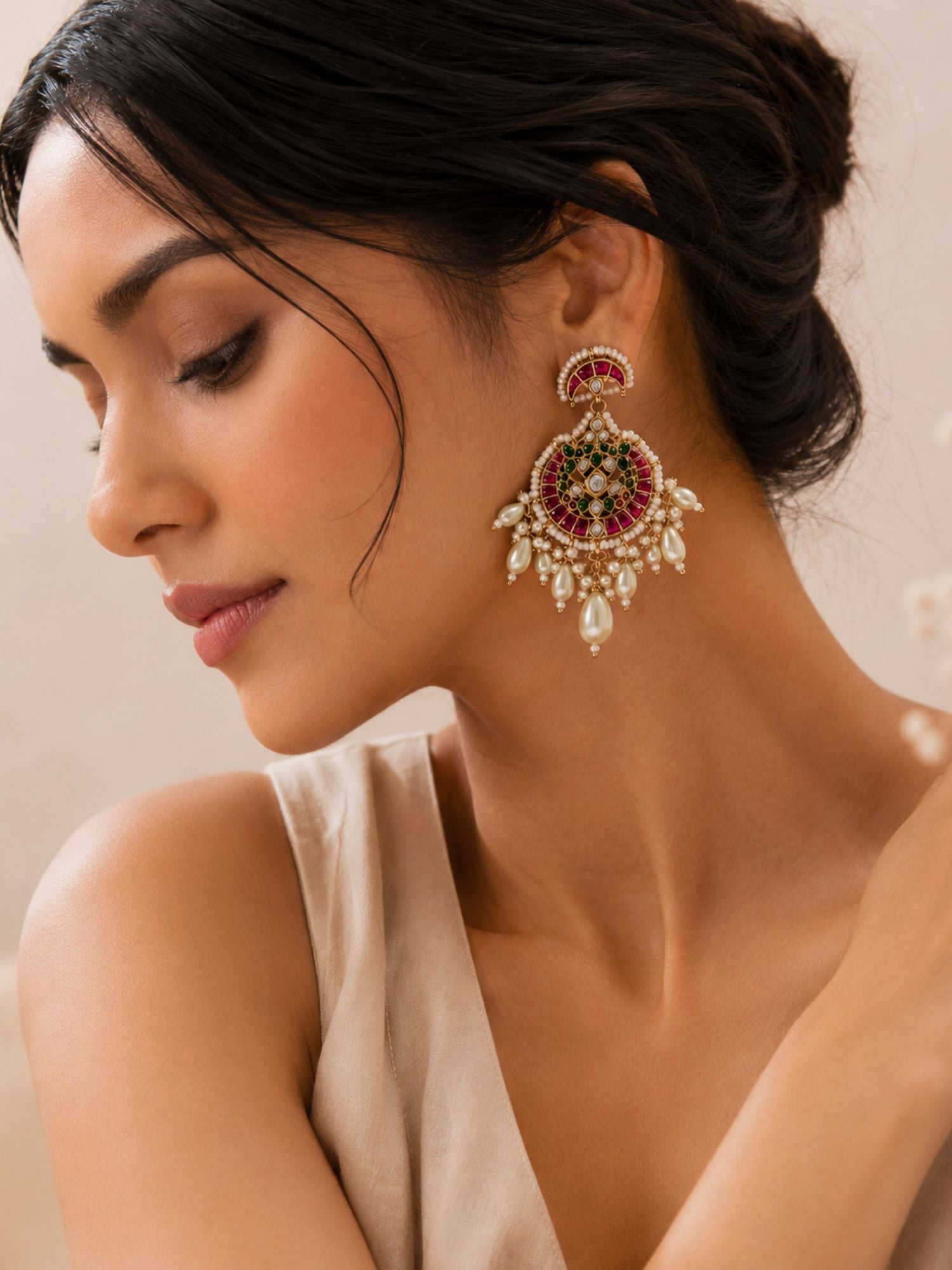 Abdesigns Pachi Kundan Multicolour Pearl Chandbali Earrings