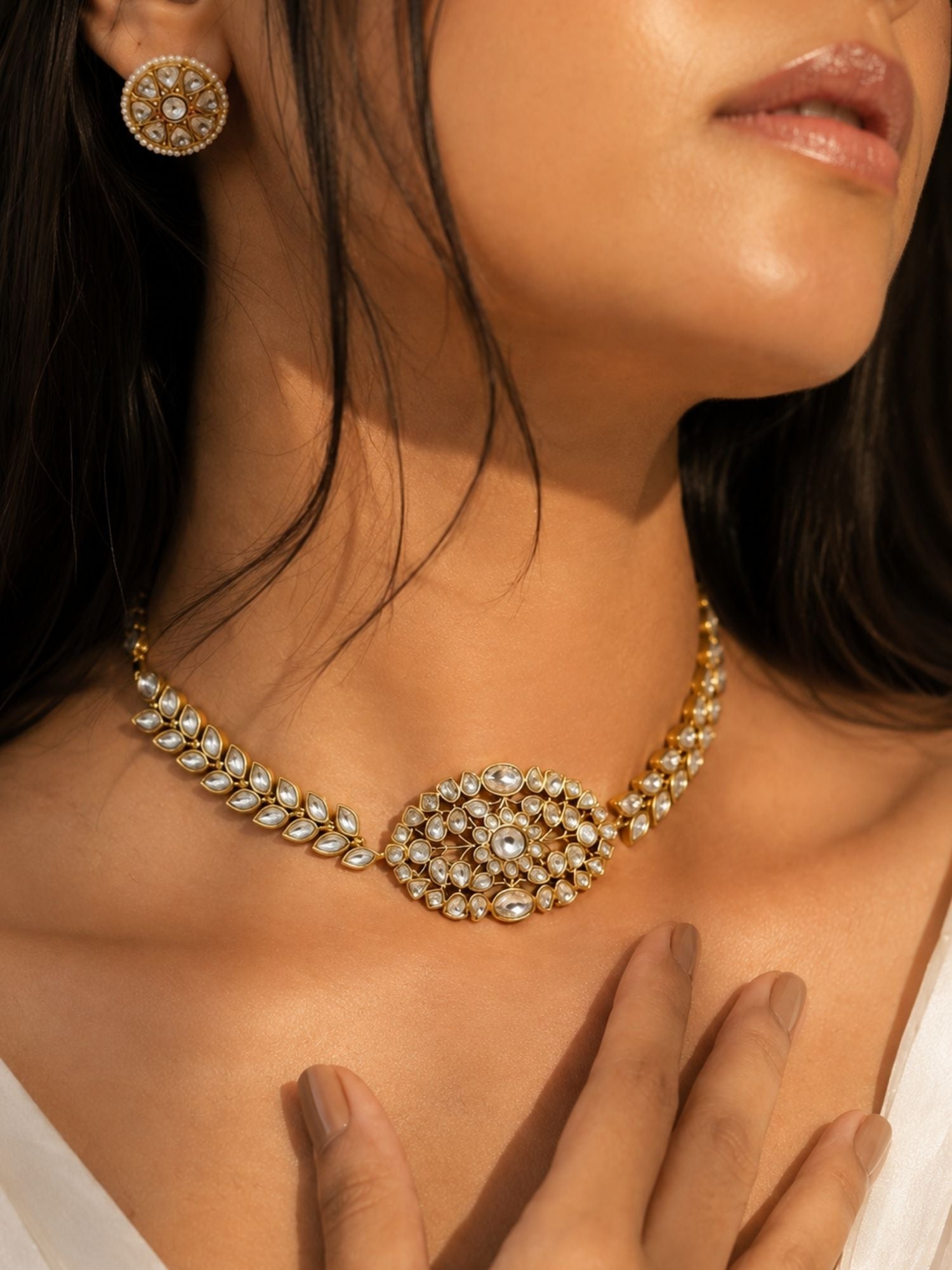 Victorian Kundan choker set flat lay on ivory outfit