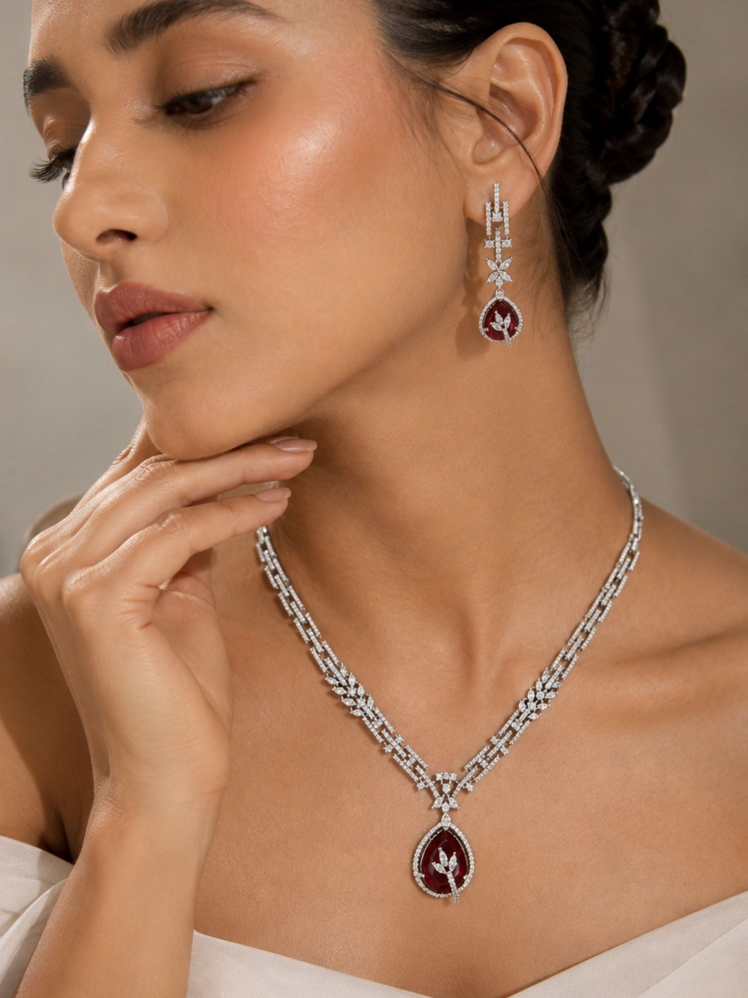 Silver Tone Floral Ruby Necklace Set Elegant Glam | Abdesigns