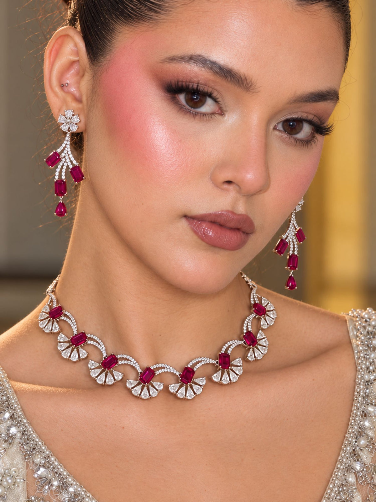 Silver Plated Red Color American Diamond Necklace Set