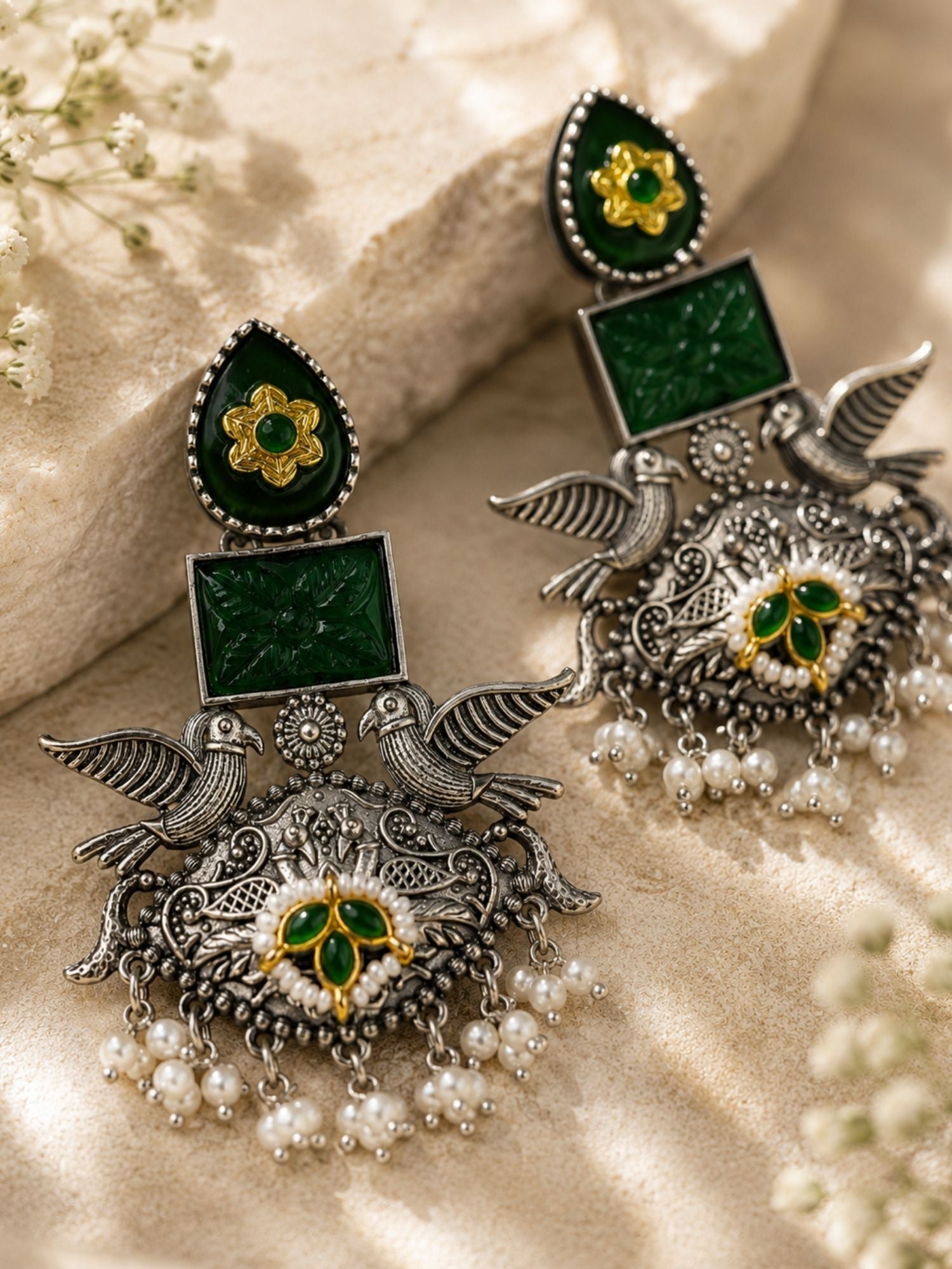 Oxidised Silver Earrings in Green Stone – Festive | Abdesigns