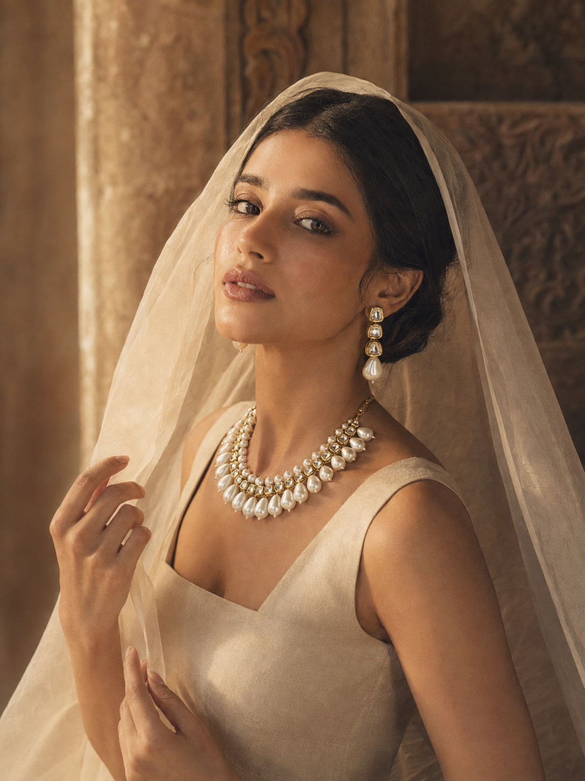 White Kundan Pearl Statement Necklace Set for Women