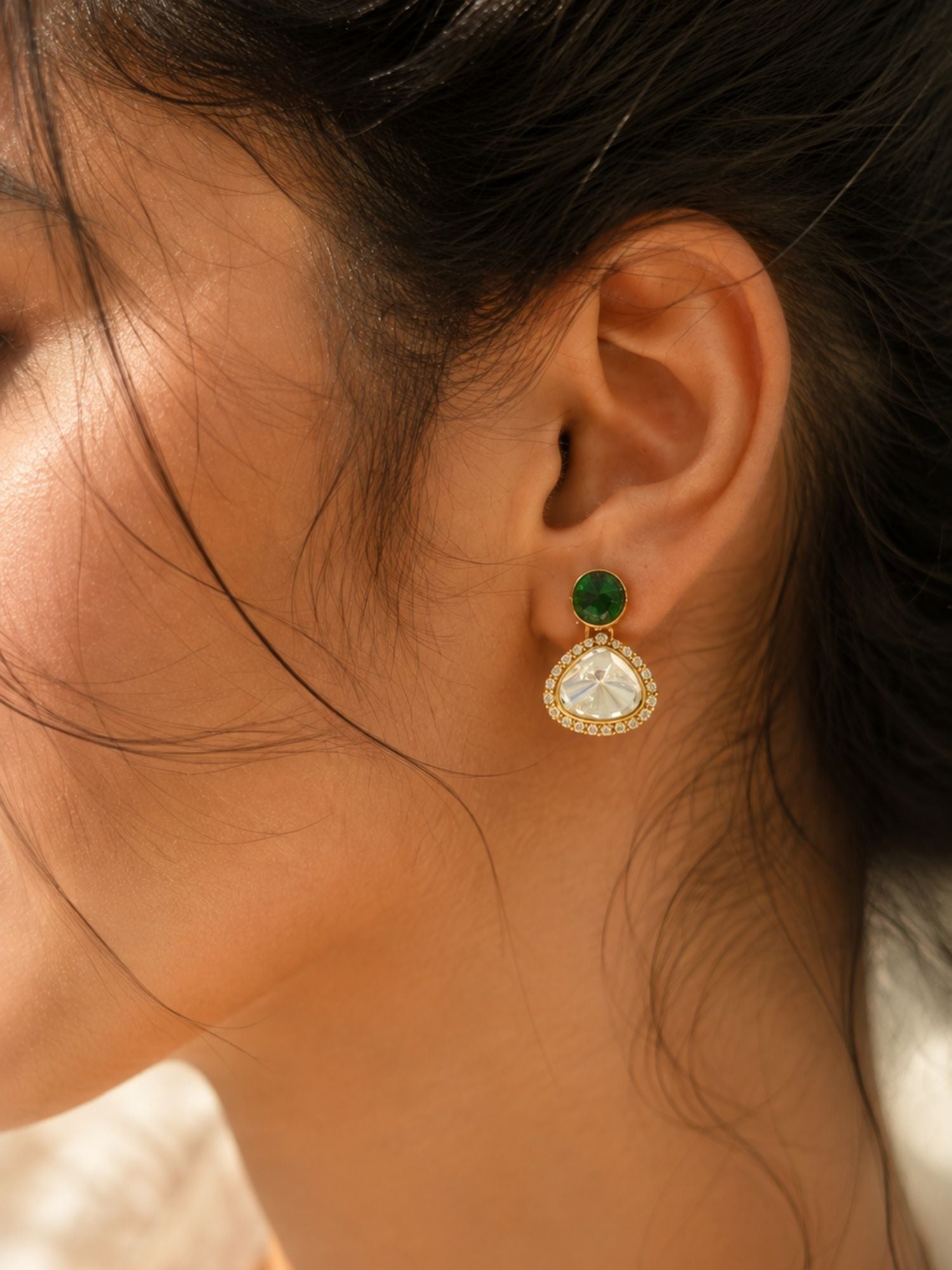 Combo Of Gold Plated Kundan Pearl & Green Stone Earrings