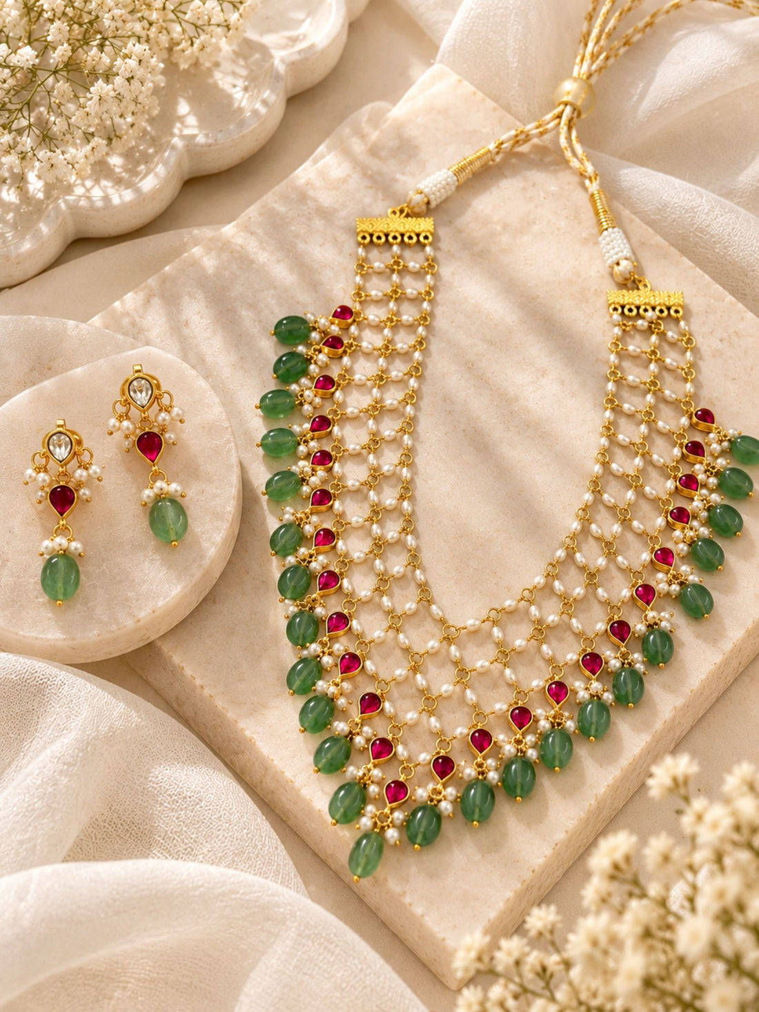 Ruby Green Pearl Layered Necklace Set Gold Plated | Abdesigns