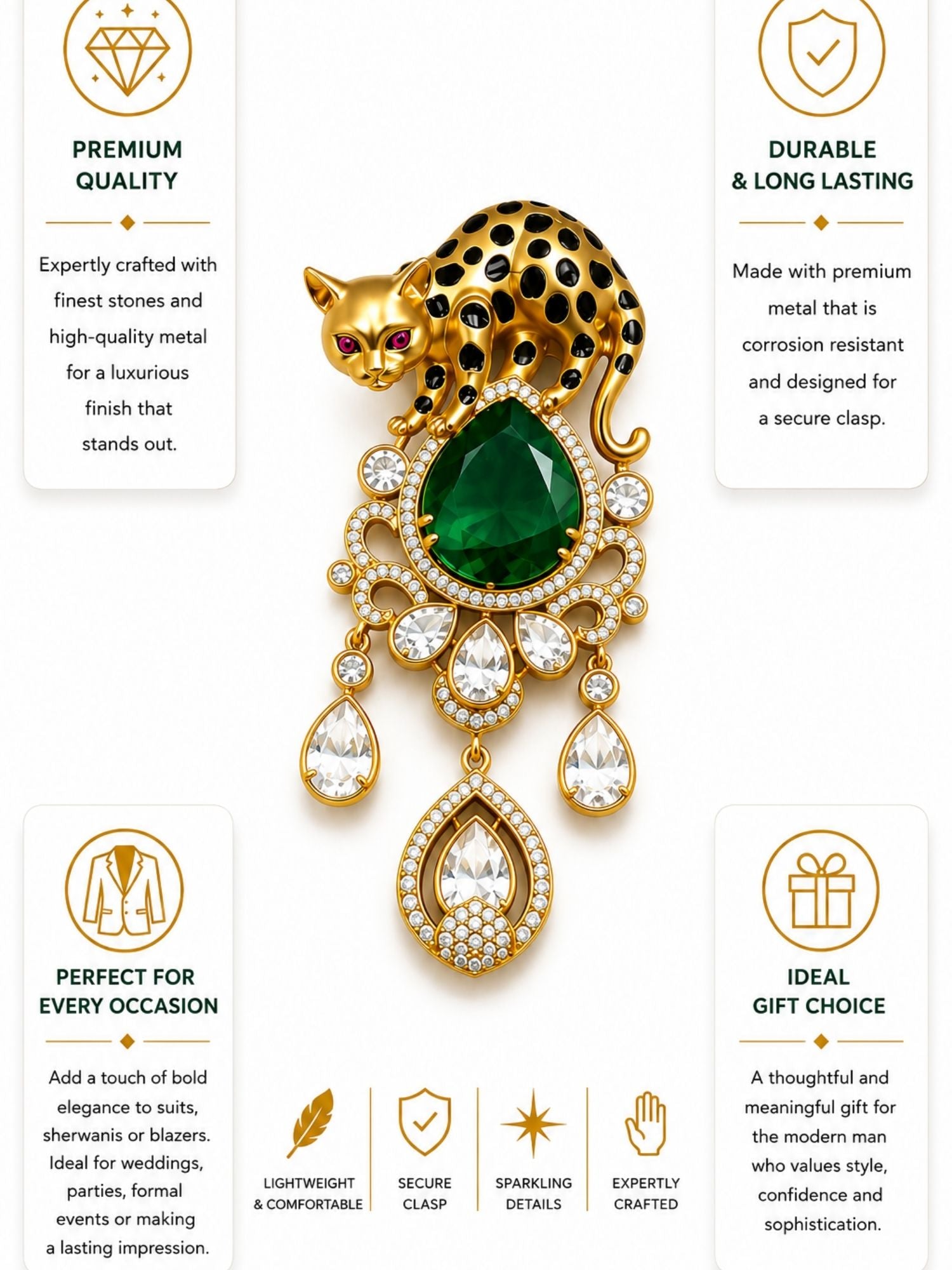 Royal Leopard Brooch Pin for Men & Women | Green Crystal Gold Plated Statement Lapel Pin