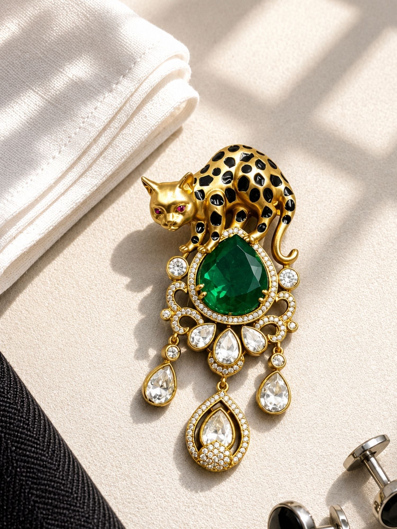 Royal Leopard Brooch Pin for Men & Women | Green Crystal Gold Plated Statement Lapel Pin