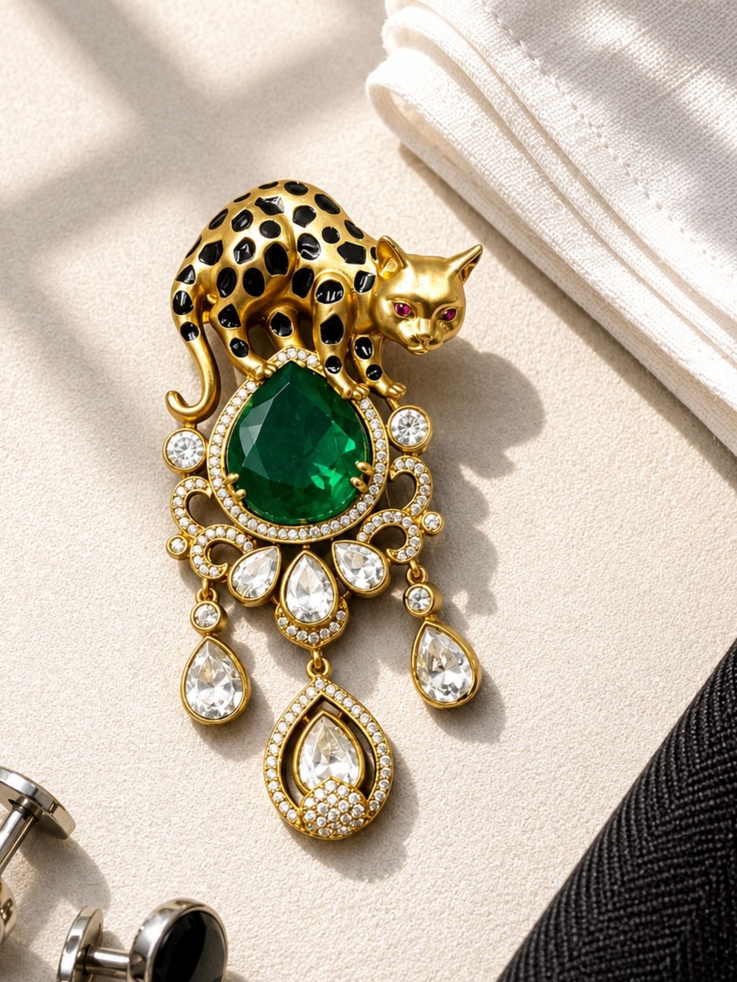 Royal Leopard Brooch Pin for Men & Women | Green Crystal Gold Plated Statement Lapel Pin