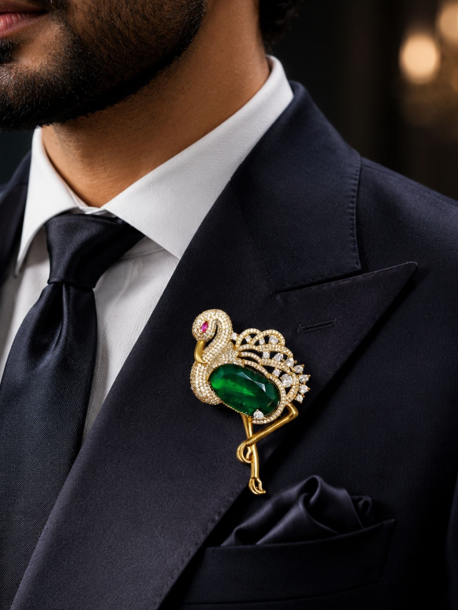 Luxury Flamingo Brooch Pin for Men & Women | Green Crystal Gold Plated Statement Lapel Pin