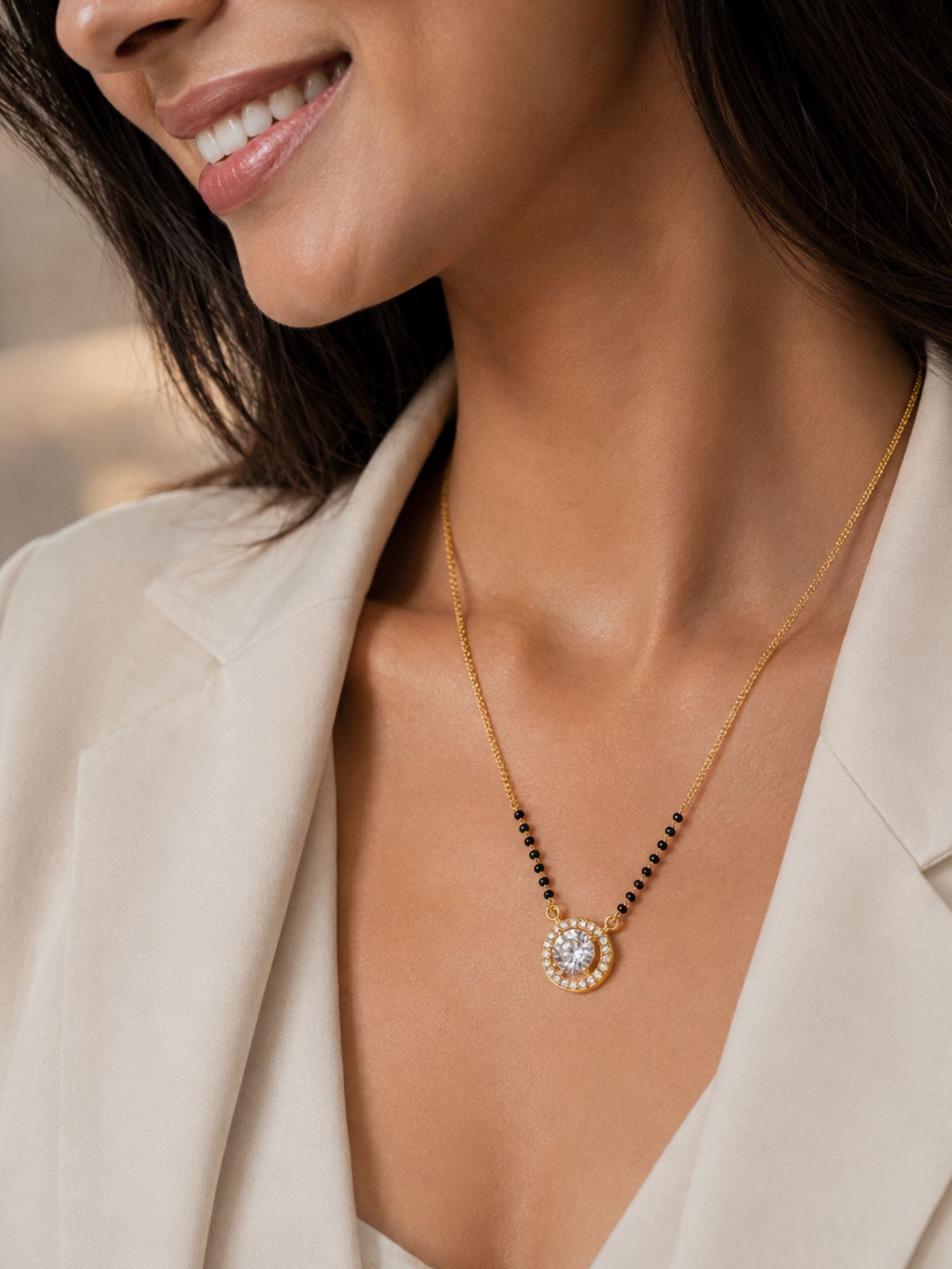 Modern CZ mangalsutra with traditional black beads — Abdesigns gold plated