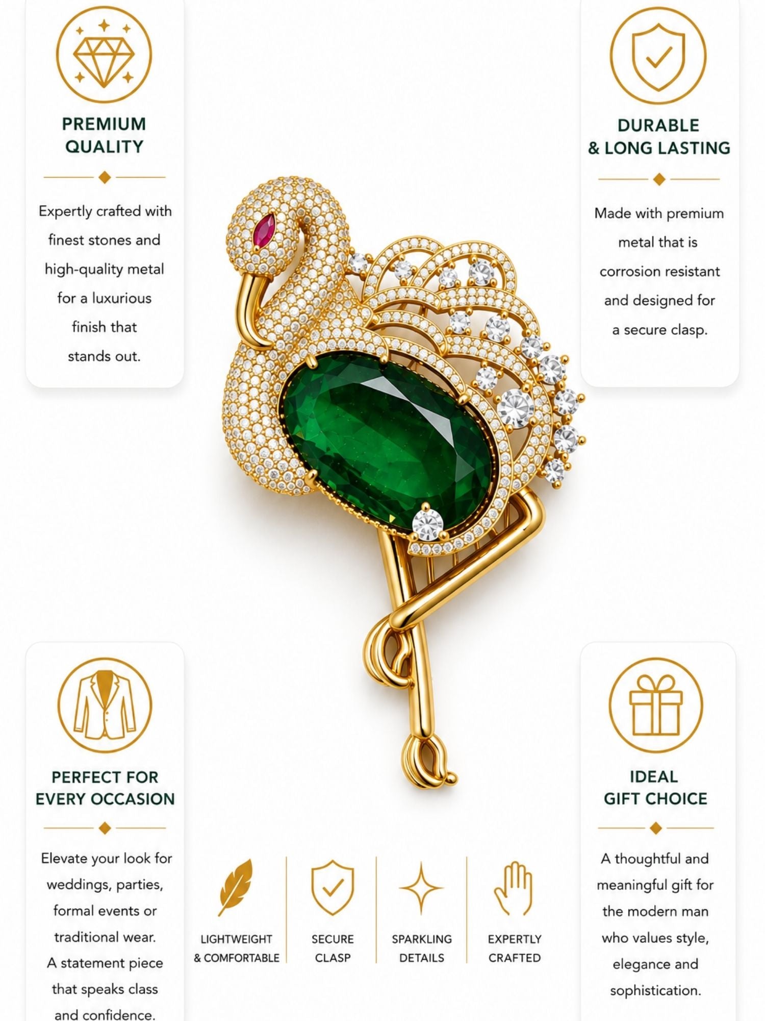 Luxury Flamingo Brooch Pin for Men & Women | Green Crystal Gold Plated Statement Lapel Pin