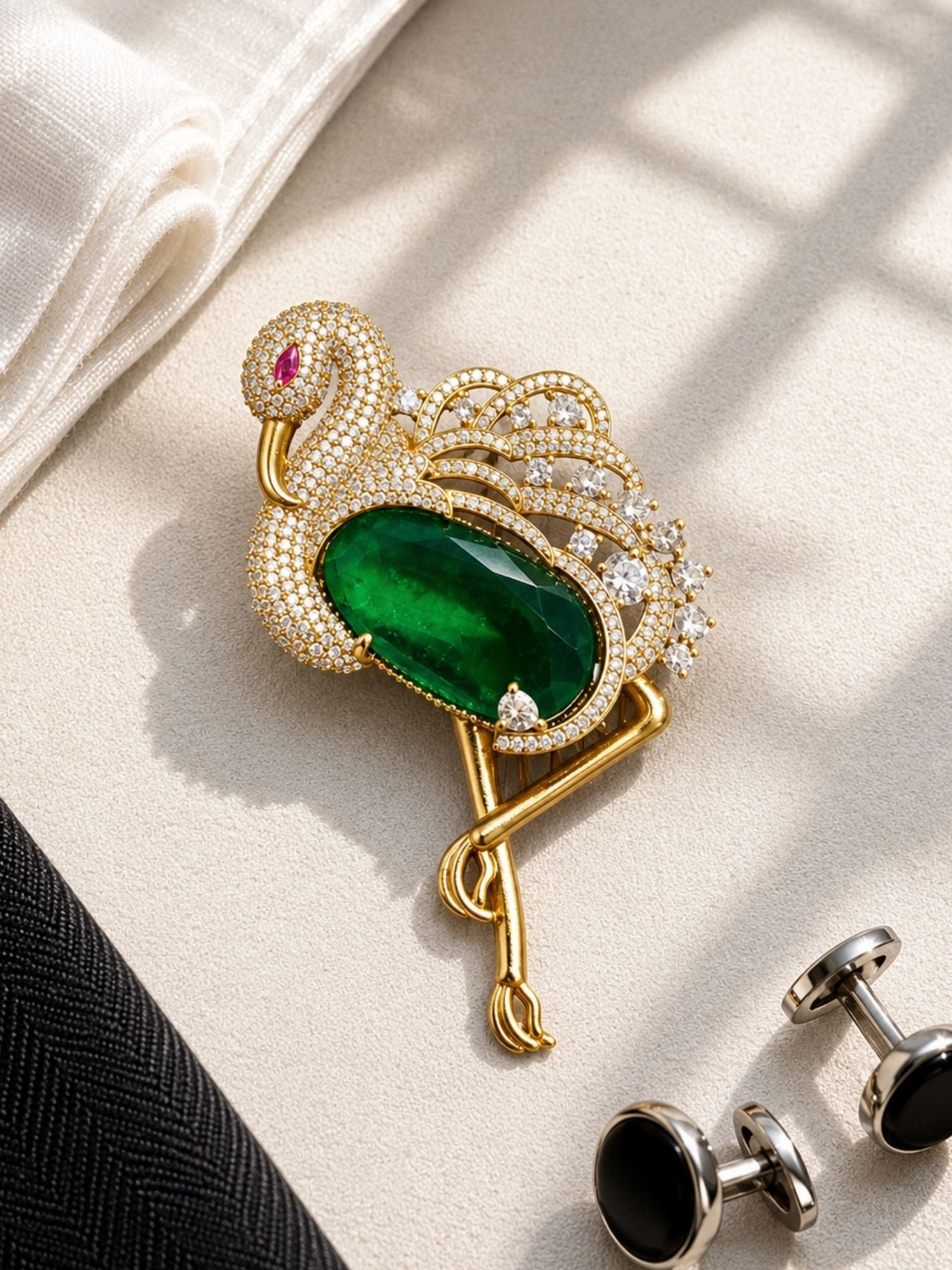Luxury Flamingo Brooch Pin for Men & Women | Green Crystal Gold Plated Statement Lapel Pin