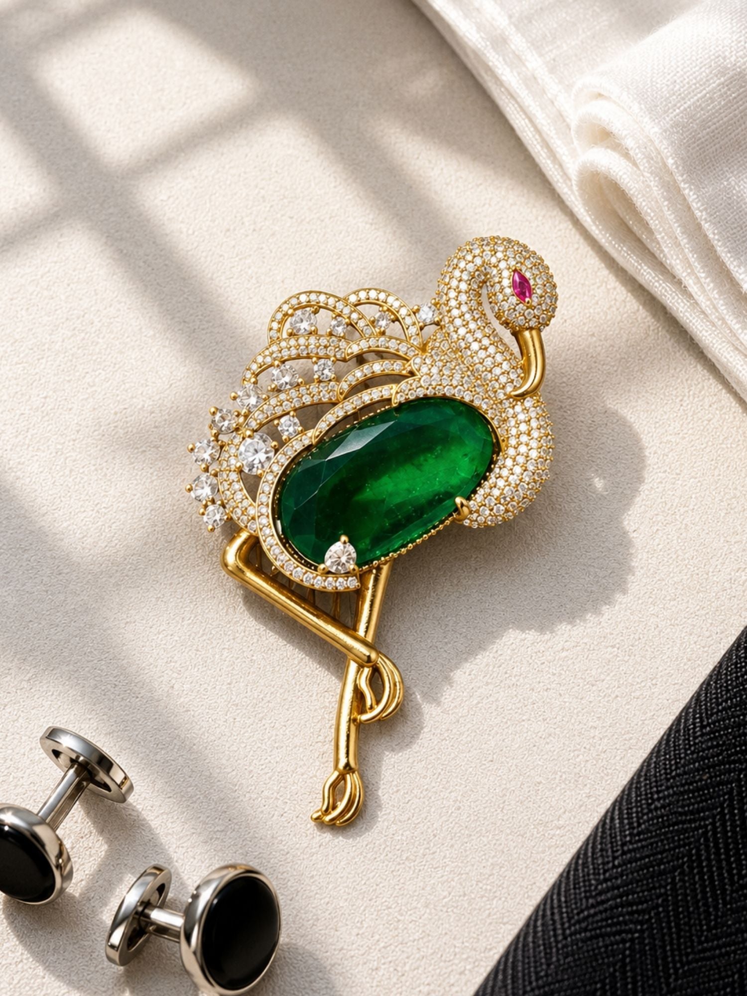 Luxury Flamingo Brooch Pin for Men & Women | Green Crystal Gold Plated Statement Lapel Pin
