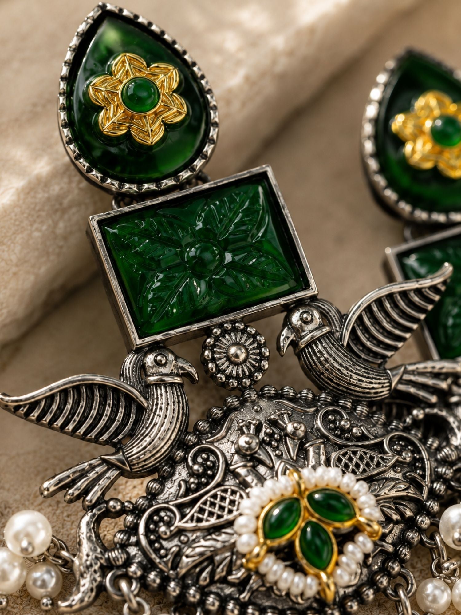 Oxidised Silver Earrings in Green Stone – Festive | Abdesigns