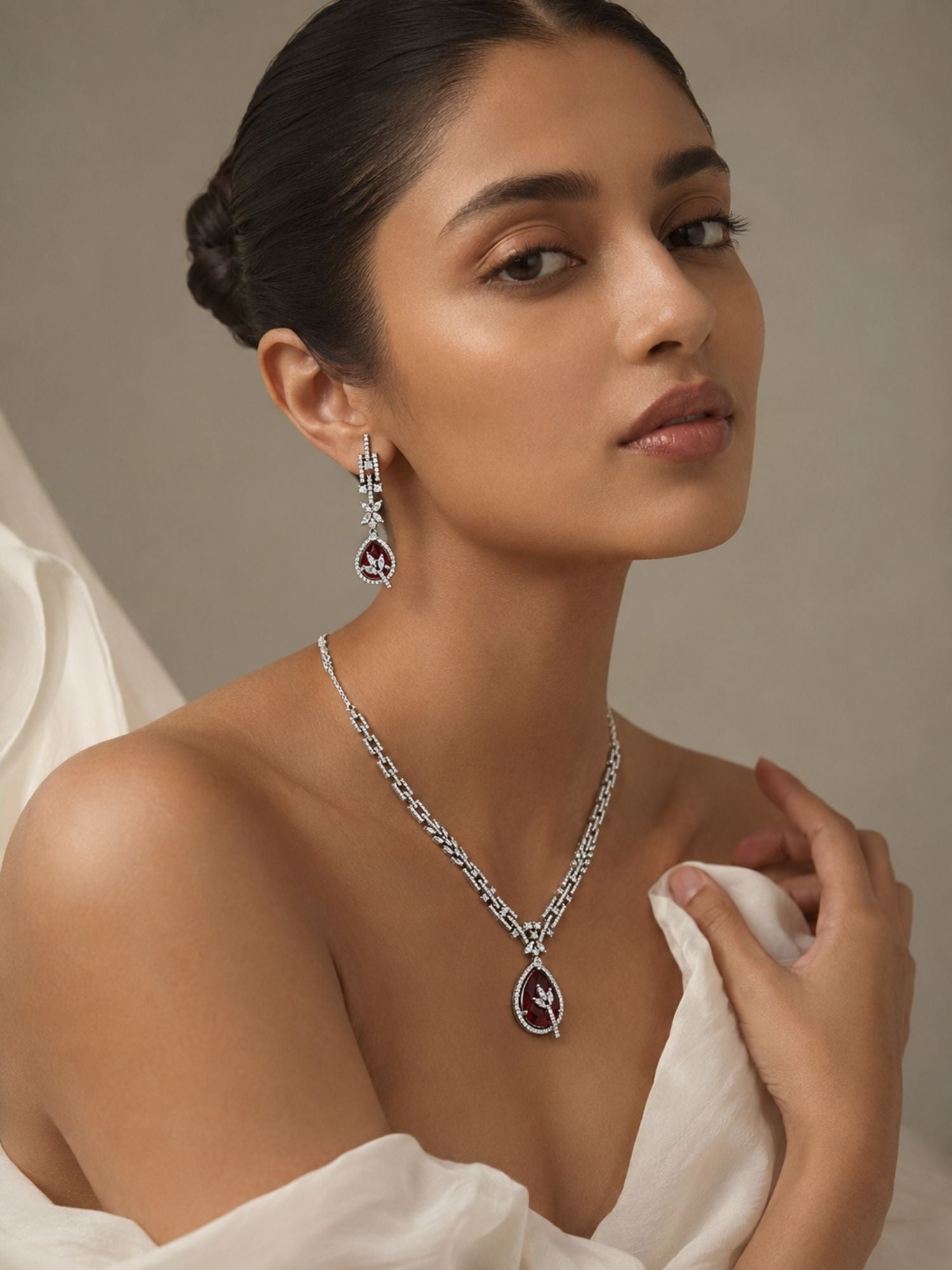 Silver Tone Floral Ruby Necklace Set Elegant Glam | Abdesigns