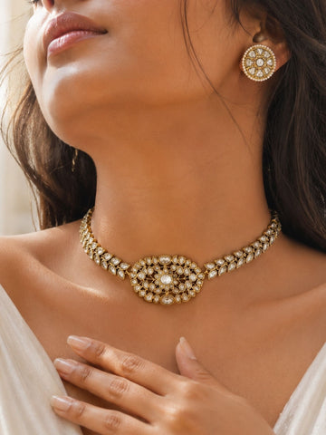 Victorian gold plated Kundan floral choker necklace set with stud earrings – Abdesigns Jewellery