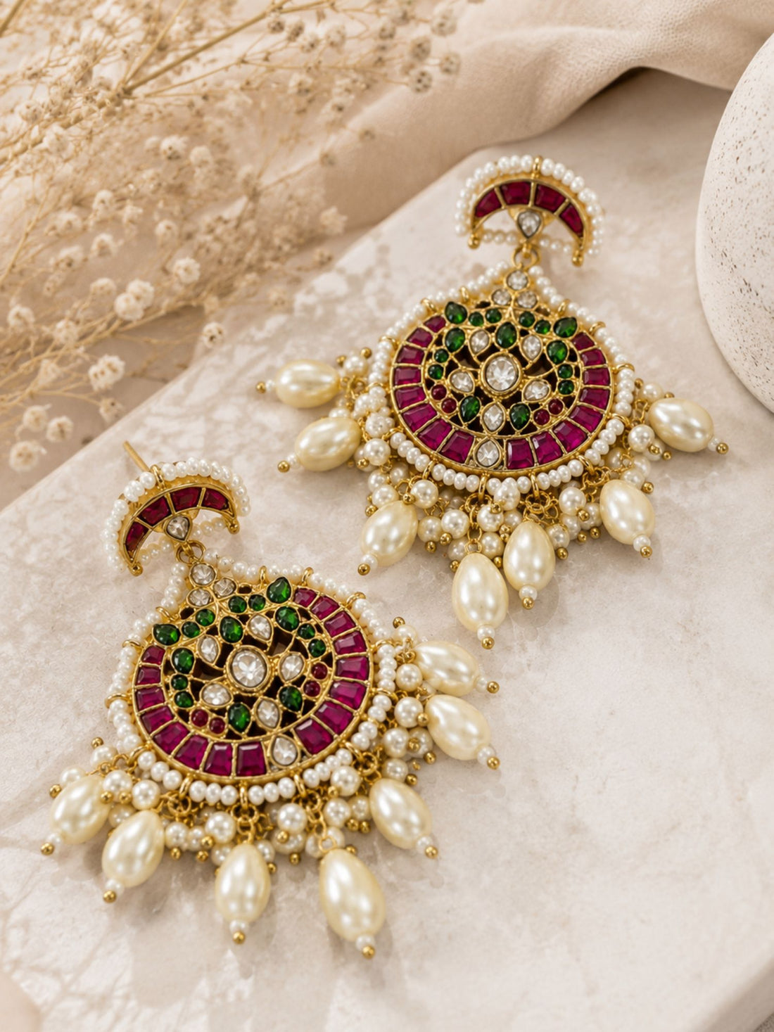 Abdesigns Pachi Kundan Multicolour Pearl Chandbali Earrings