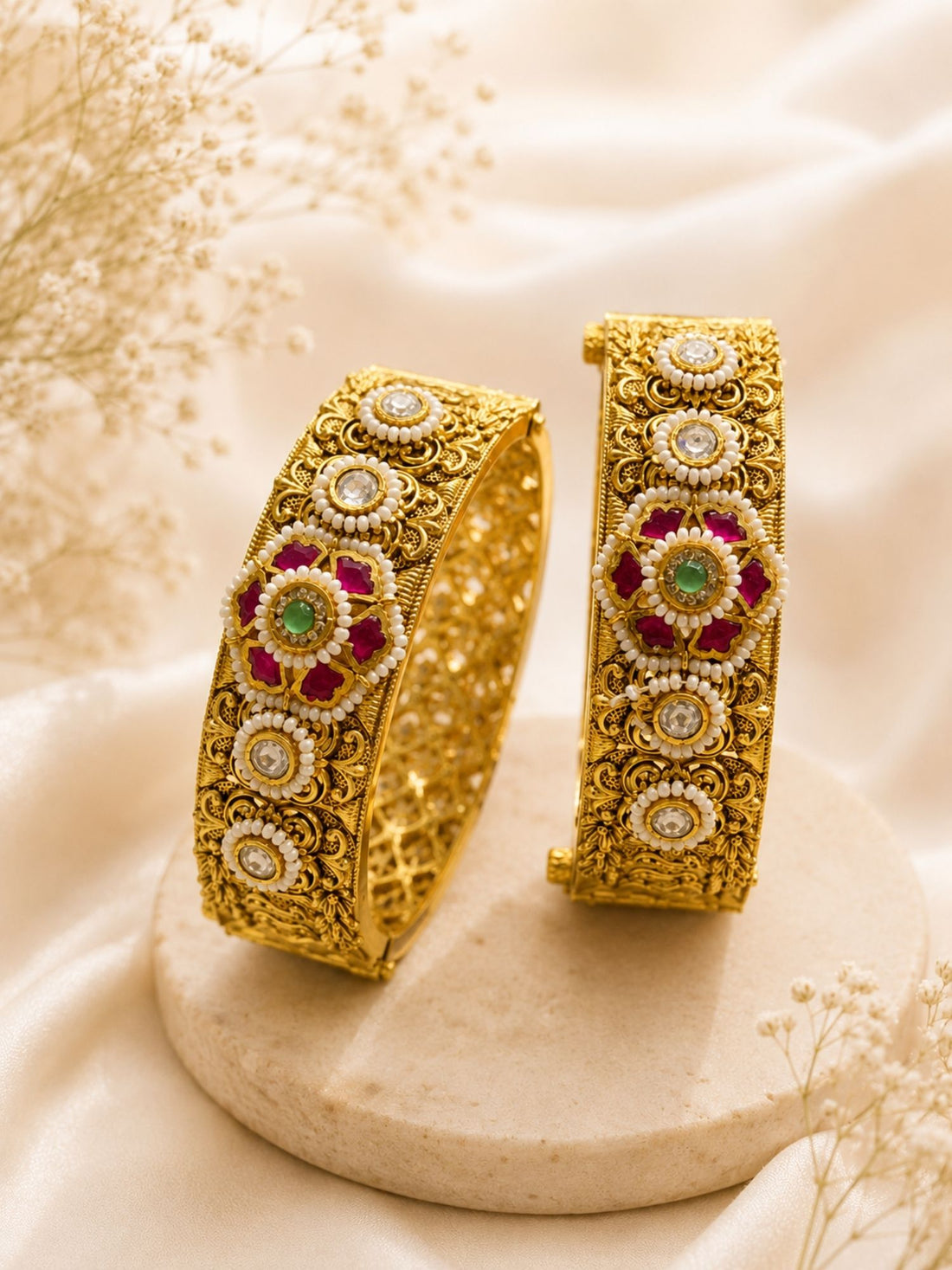 Antique Ahmedabadi Jadau Gold Kundan Floral Bangles – Bridal Set | Abdesigns