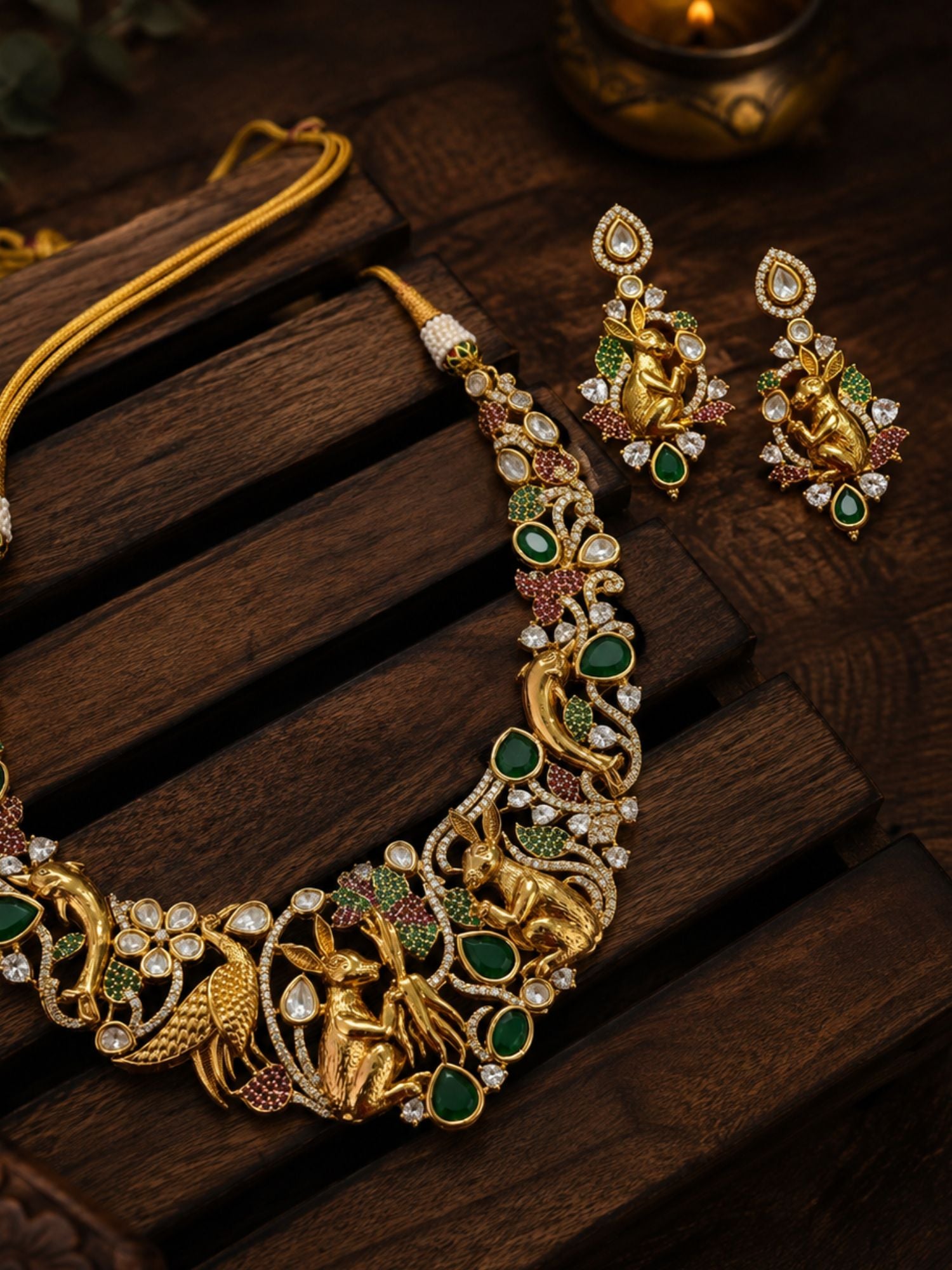 Antique Gold Plated Multicolor Kundan Peacock & Rabbit Necklace Set