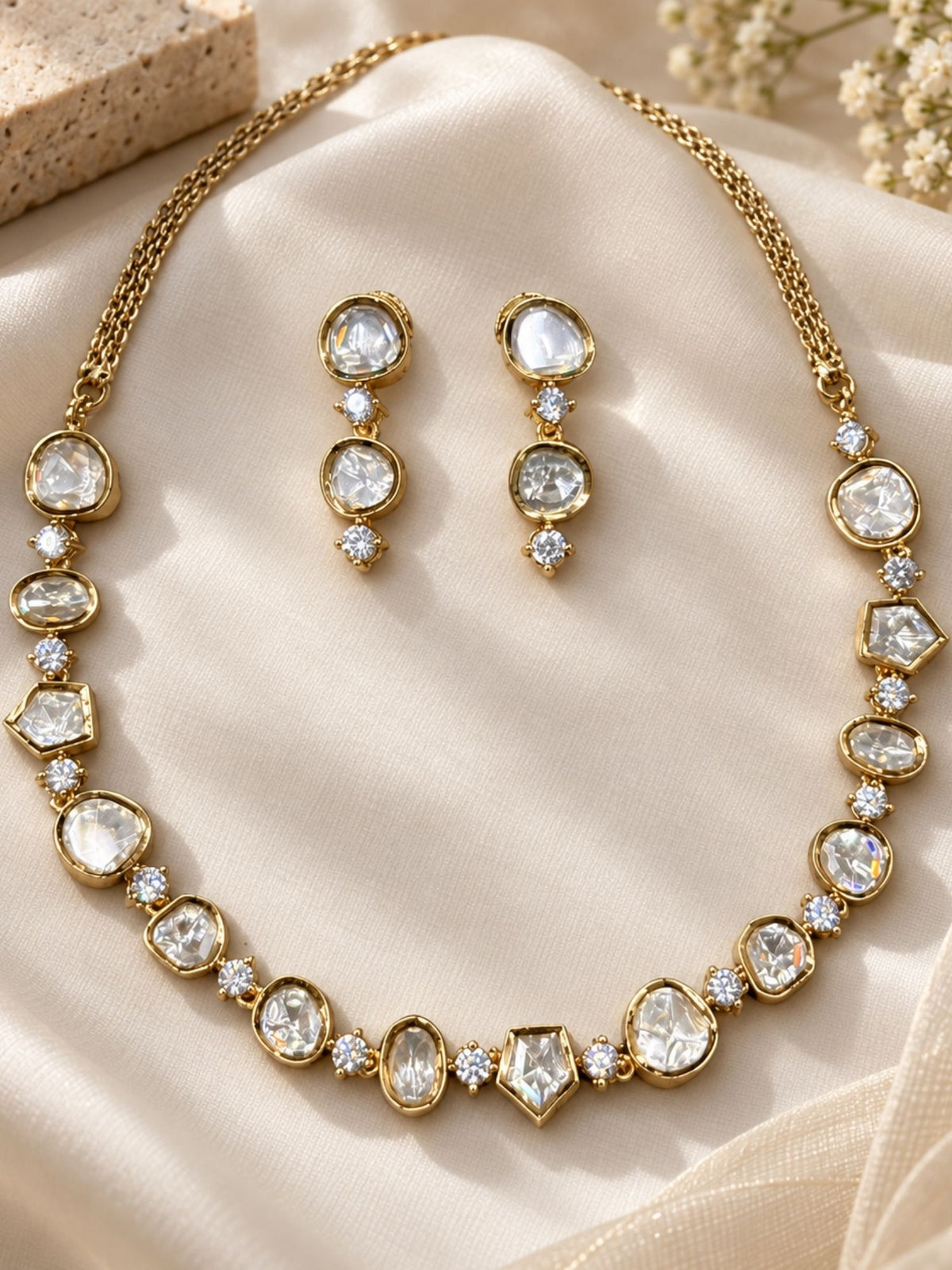 Gold Plated Kundan Polki Statement Necklace Set with Earrings
