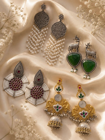 Set of 4 Oxidised Jhumka & Pearl Earrings for Women