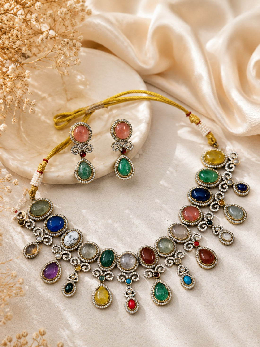 Sabyasachi Inspired Navratna Stone Necklace Set in Oxidsed Gold Plating – Festive | Abdesigns