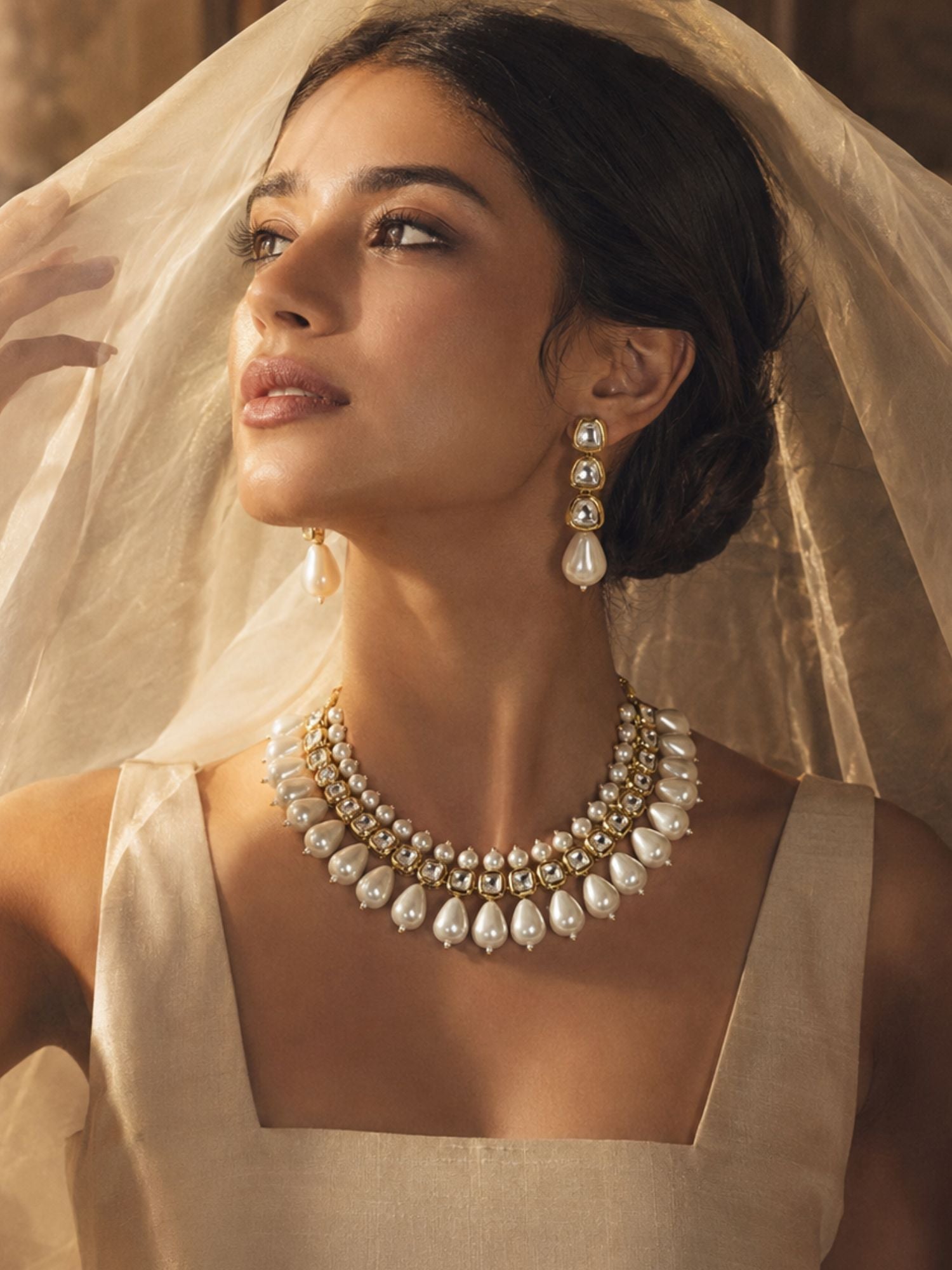 White Kundan Pearl Statement Necklace Set for Women