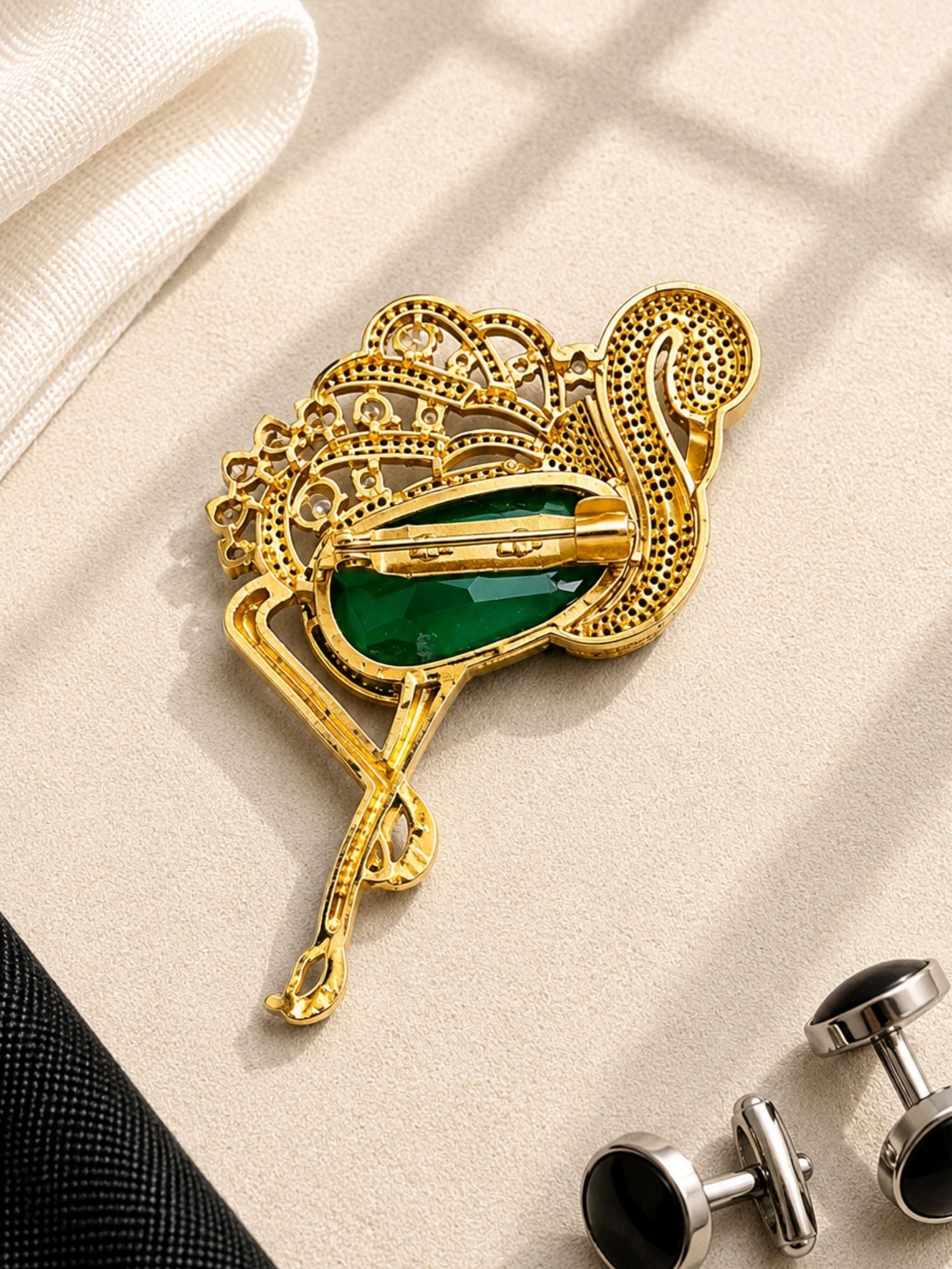 Luxury Flamingo Brooch Pin for Men & Women | Green Crystal Gold Plated Statement Lapel Pin