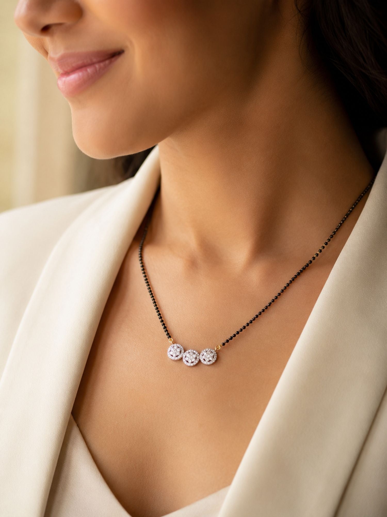 CZ solitaire pendant close-up on black bead chain — Abdesigns mangalsutra