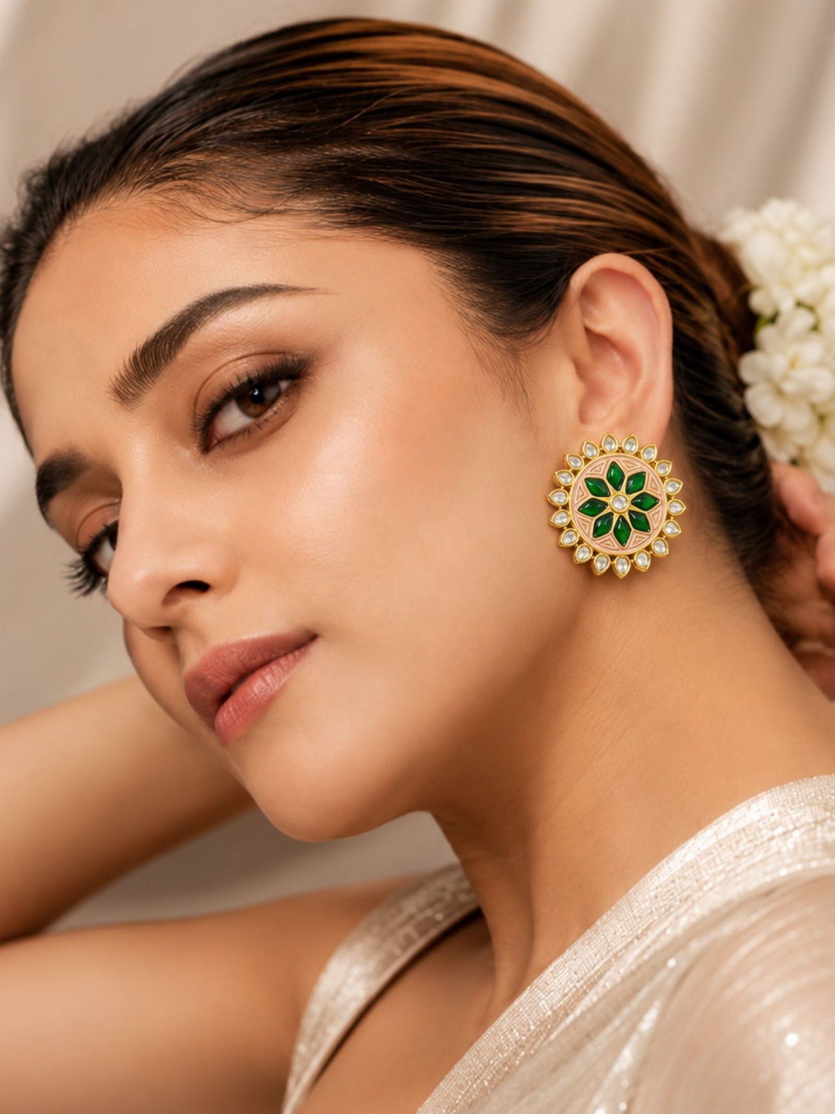 Green Meenakari Kundan Floral Stud Earrings Gold Plated | Abdesigns