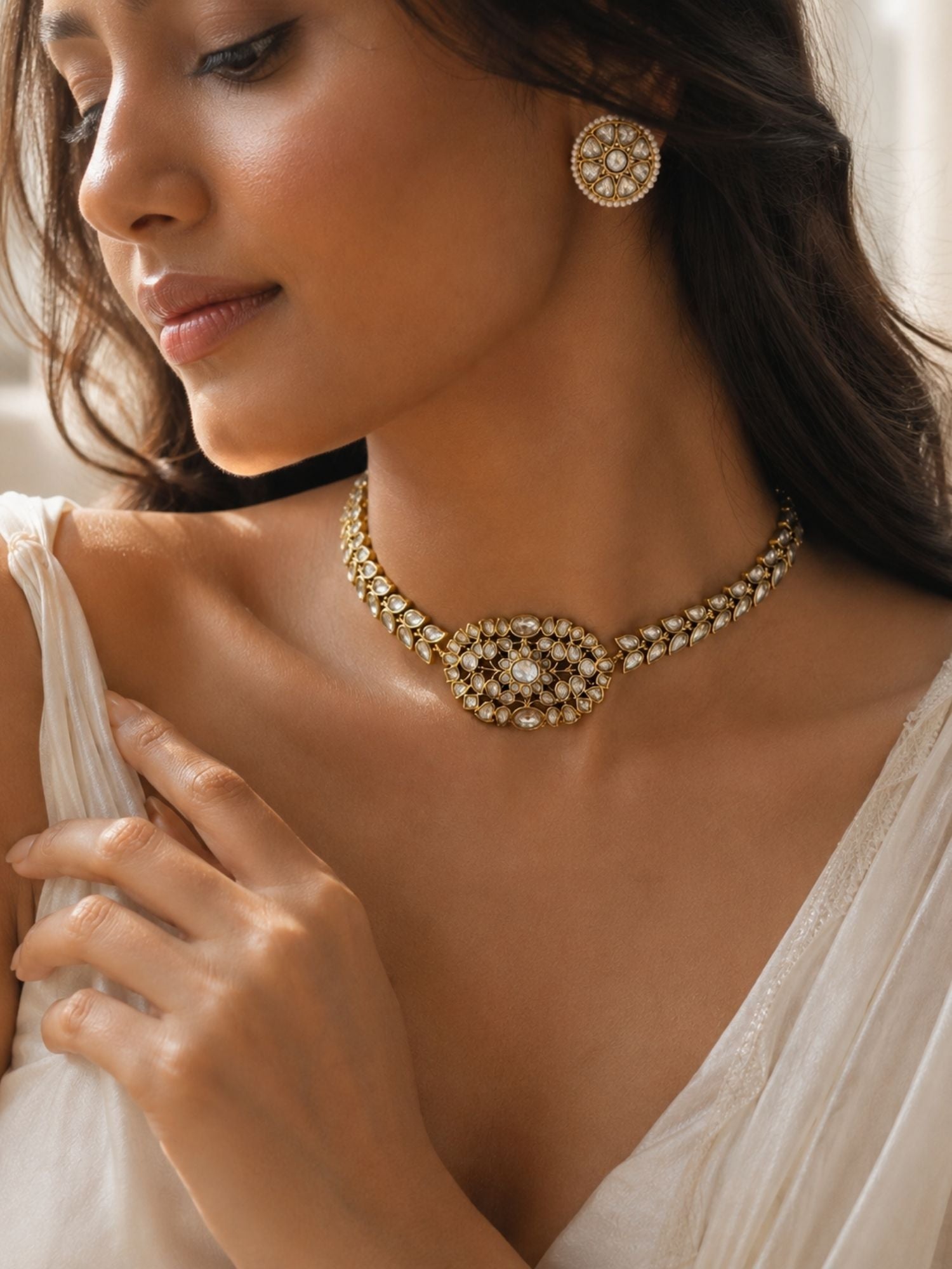 Victorian Kundan choker worn with maroon outfit, festive styling