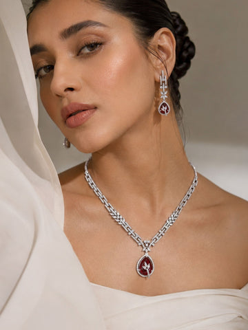 Silver Tone Floral Ruby Necklace Set Elegant Glam | Abdesigns