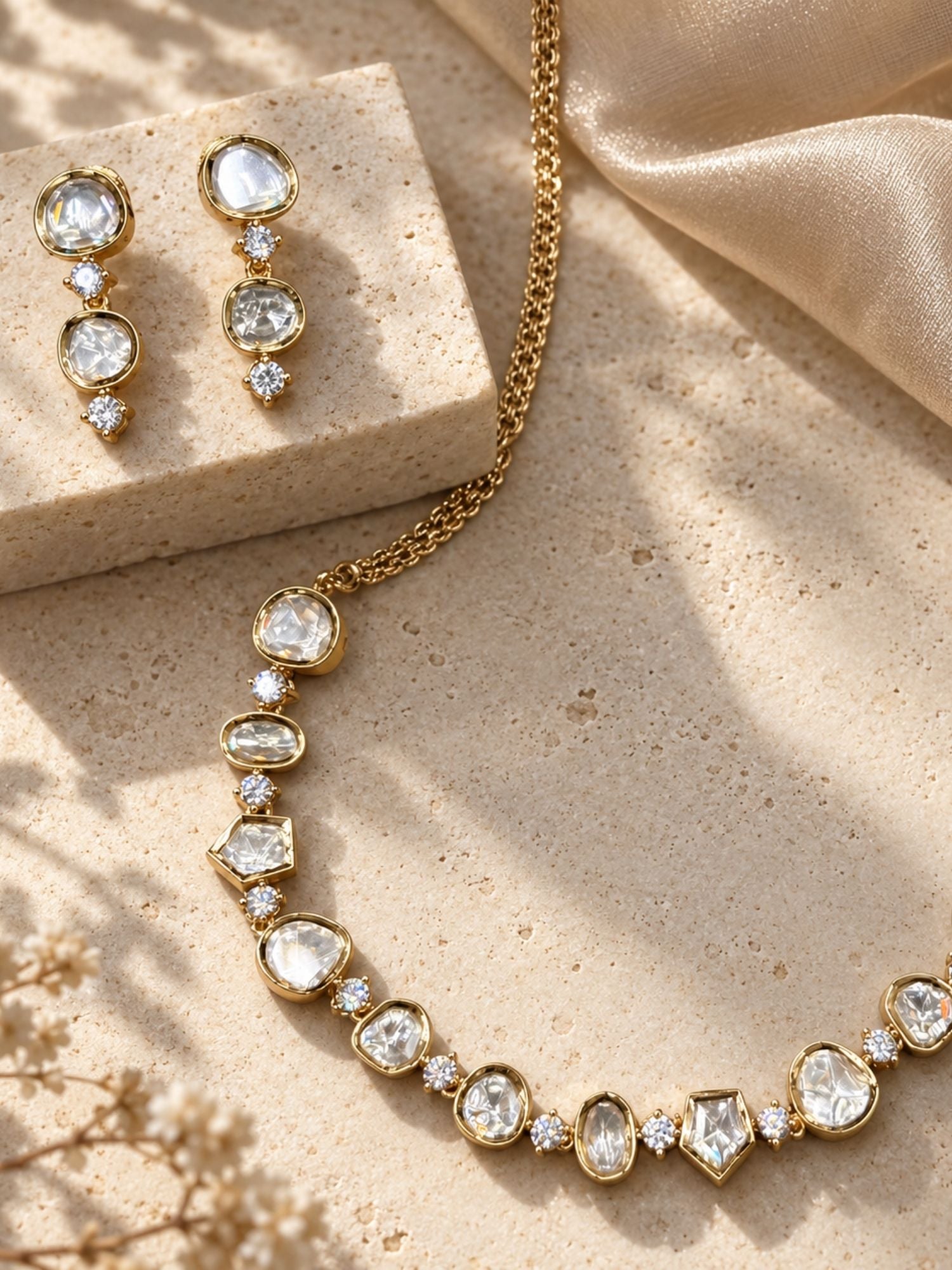 Gold Plated Kundan Polki Statement Necklace Set with Earrings