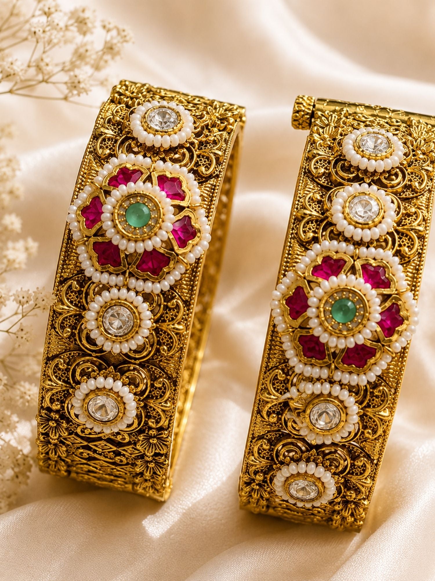 Antique Ahmedabadi Jadau Gold Kundan Floral Bangles – Bridal Set | Abdesigns