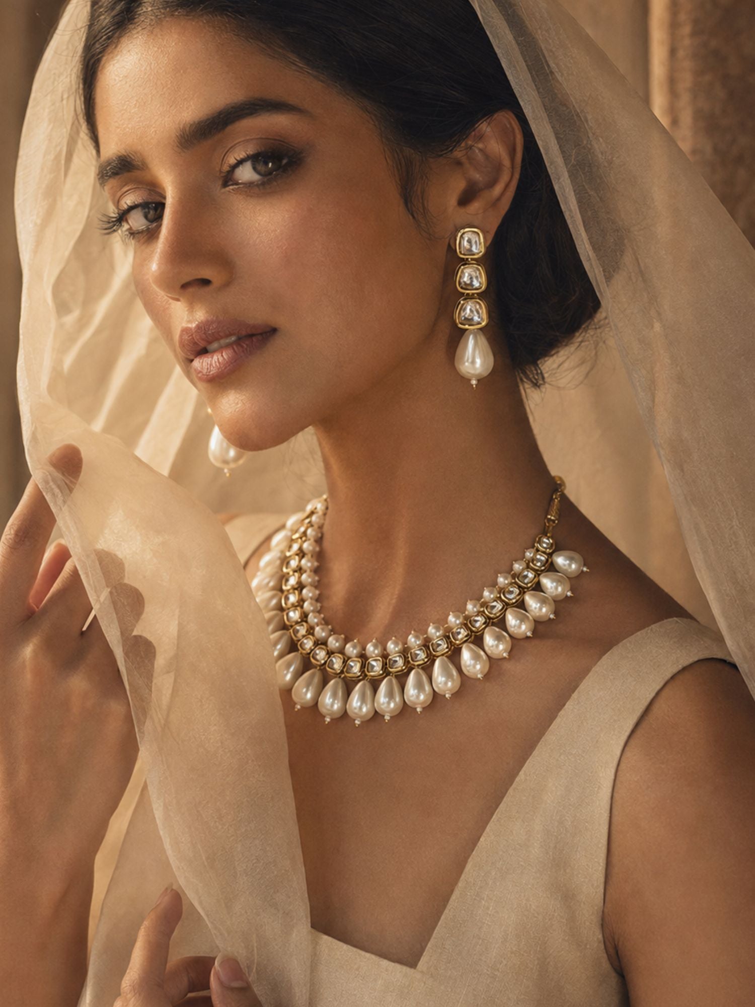 White Kundan Pearl Statement Necklace Set for Women