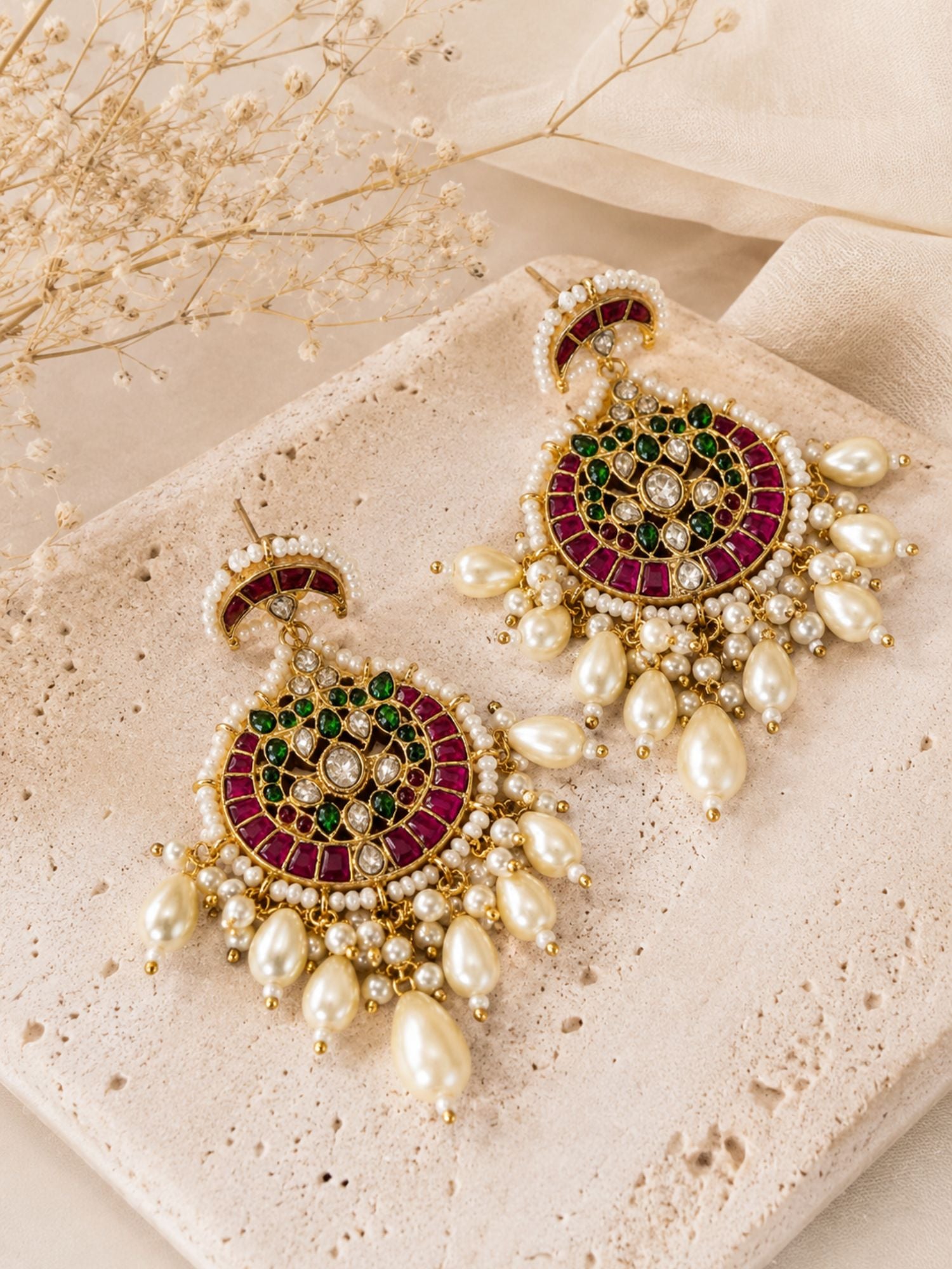 Abdesigns Pachi Kundan Multicolour Pearl Chandbali Earrings