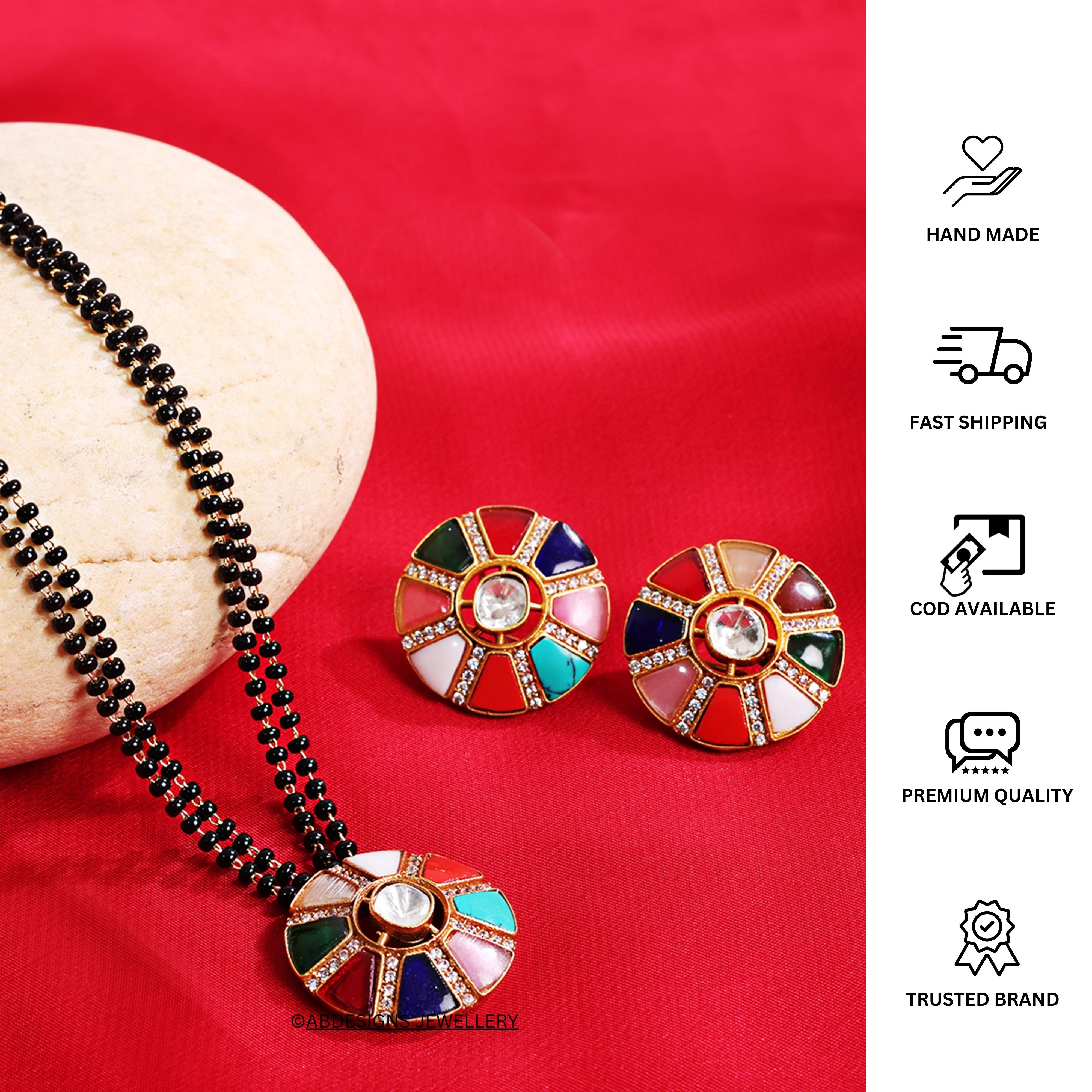 Beautiful Navratna Round Pendant & Earrings - Abdesignsjewellery