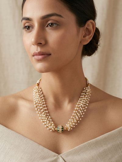 Abdesigns Multi Layer Pearl Choker Necklace with Kundan Bead