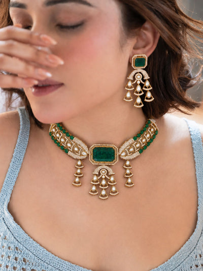Gold Plated Green Kundan Polki Statement Choker Necklace Set with Earrings