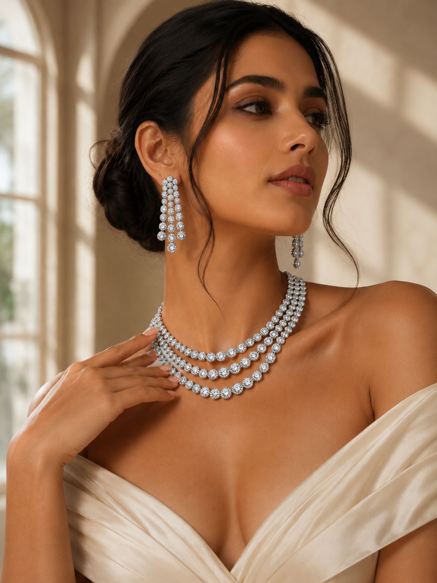 Silver Plated American Diamond Multilayer Necklace Set | Abdesigns Jewellery