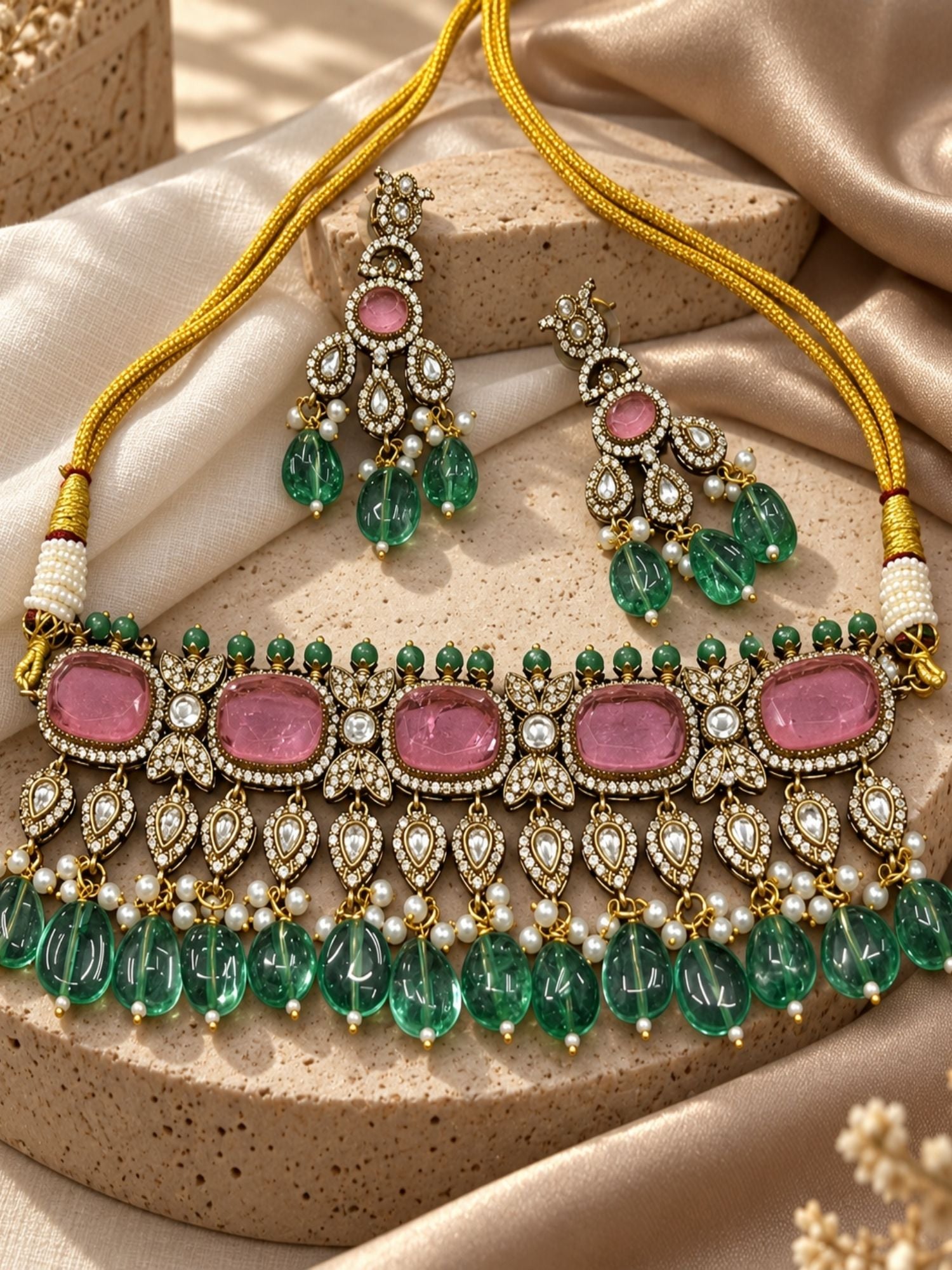 Pink Stone Green Bead Kundan Choker Necklace Set with Earrings