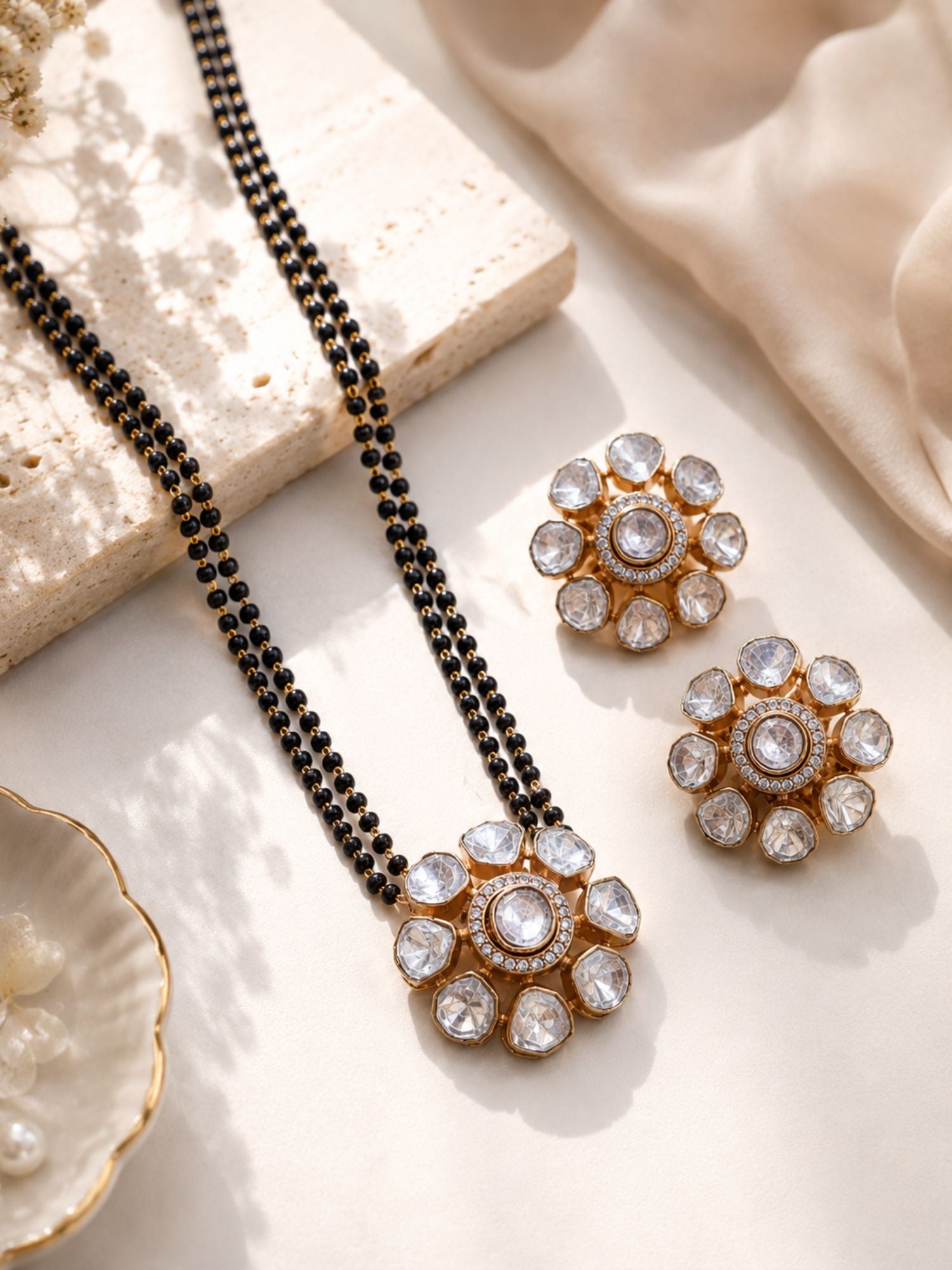 Classic Polki Flower Design Mangalsutra & Earrings