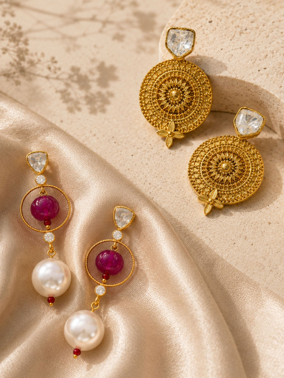 Gold Plated Kundan Pearl & Textured Statement Earrings Combo Set of 2 for Women