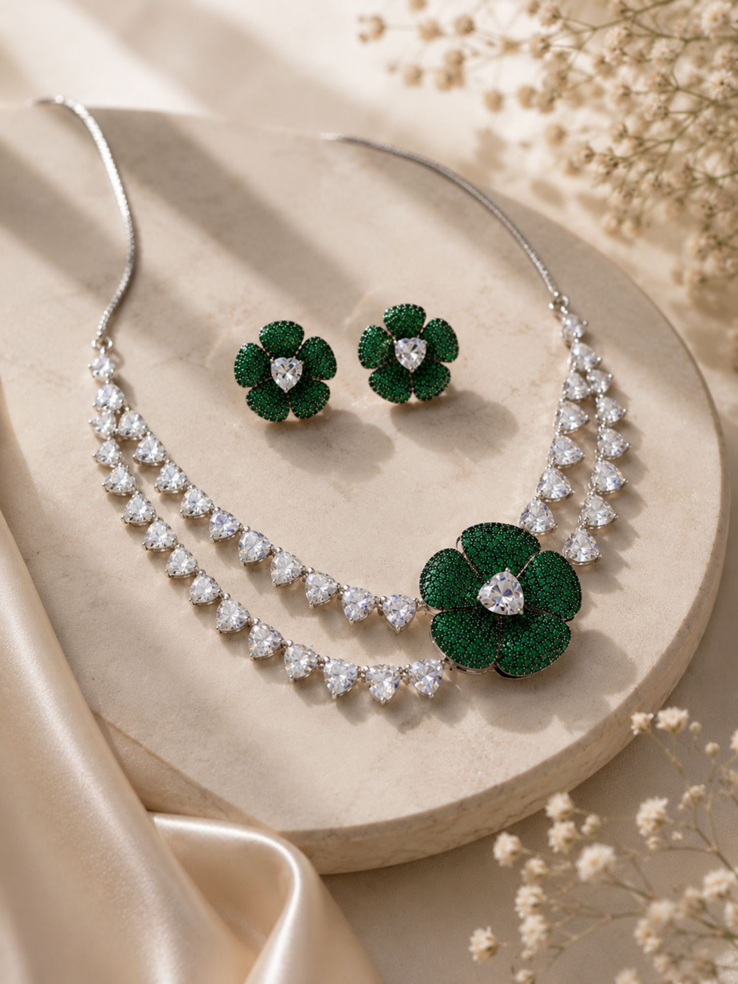 Emerald Bloom Floral Necklace Set with Crystal Petal Drops - necklace by Abdesigns Jewellery