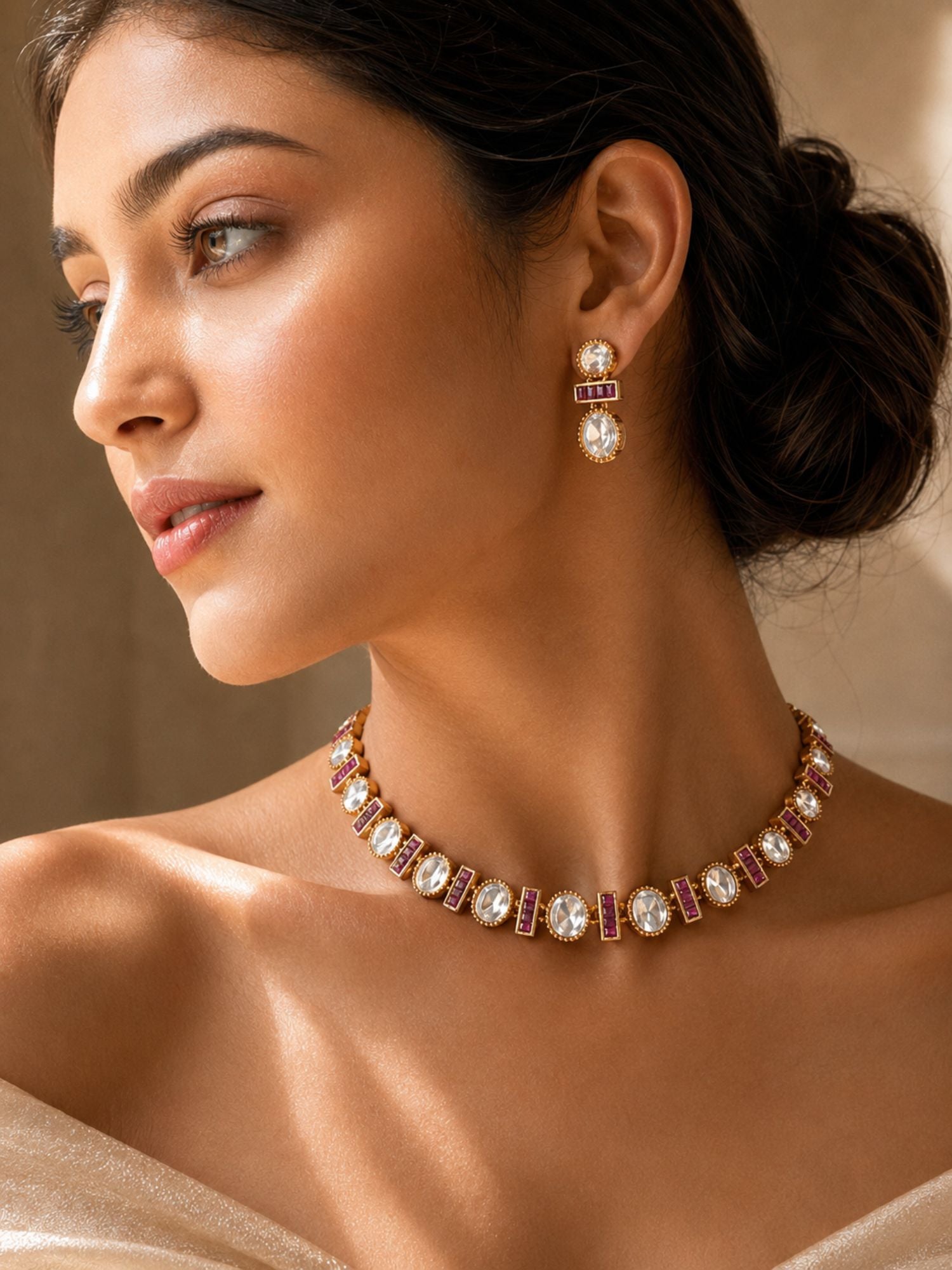 Gold Plated Ruby Emerald Stone Polki Statement Necklace Set for Women | Abdesigns