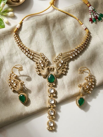 Abdesigns Peacock Design Kundan Necklace Set with Green Stone