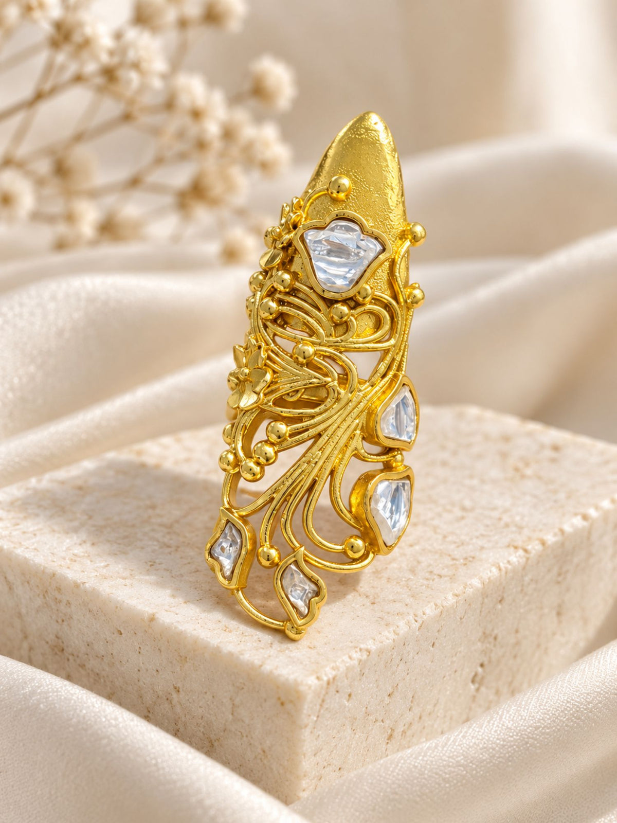 Gold Plated Ruby Kundan Filigree Nail Ring for Women