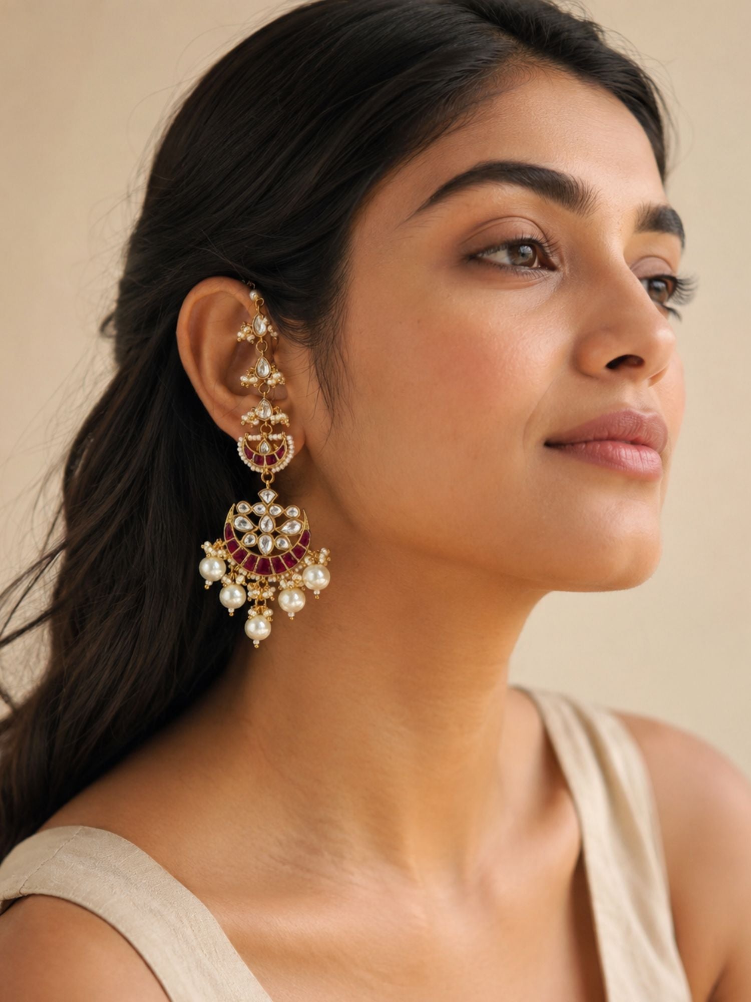 Abdesigns Pachi Kundan Ear Cuff Chandbali Earrings with Pearl Drops