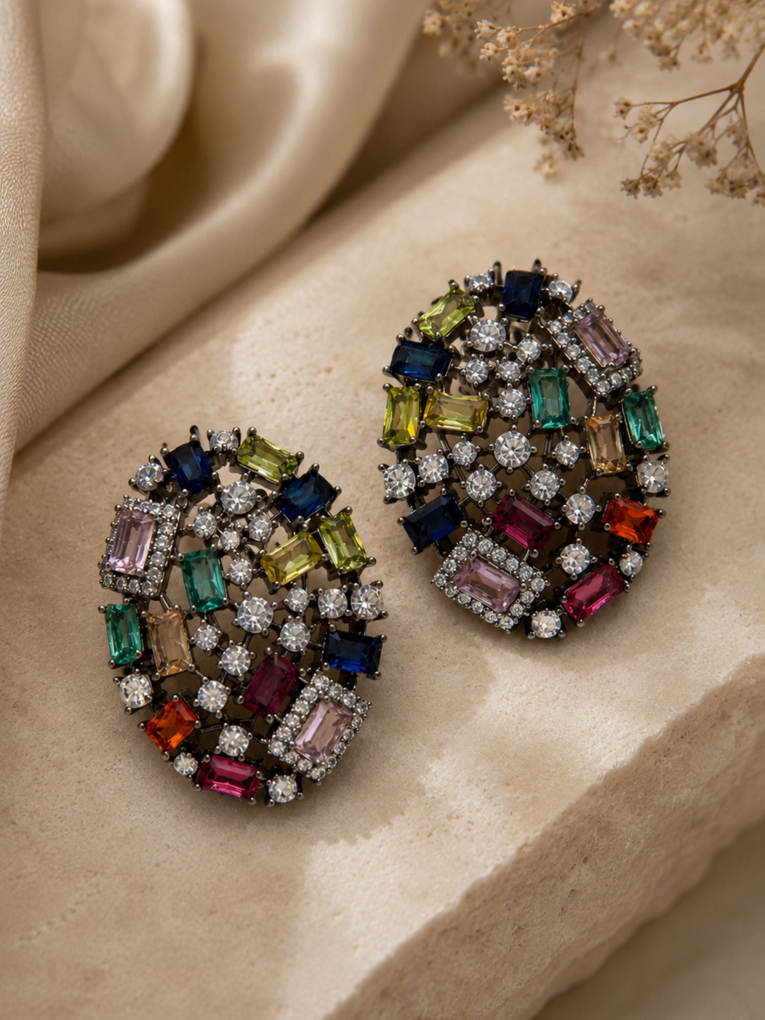 Multicolor Crystal Stud Black Rhodium Earrings | Abdesigns