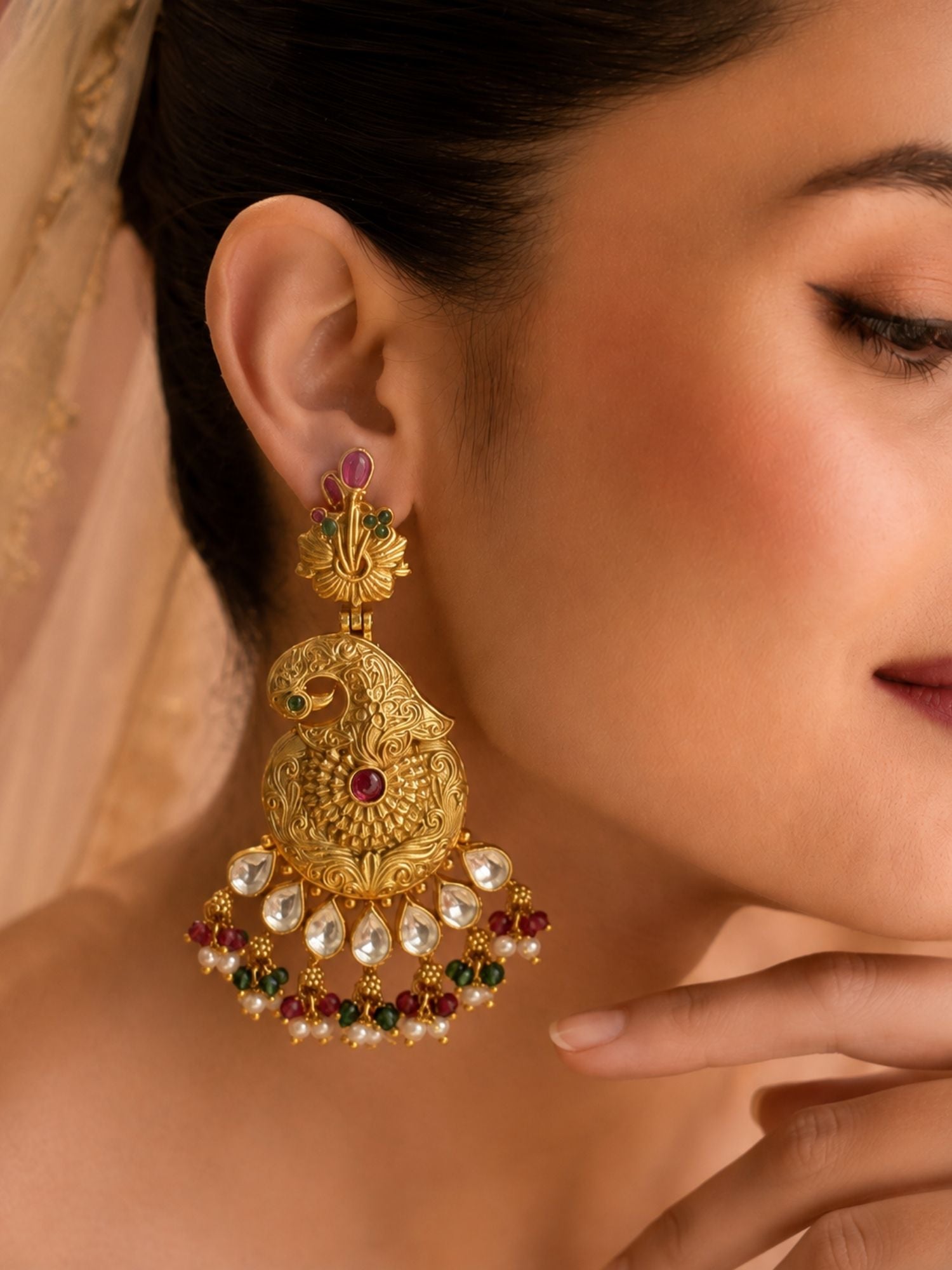 Antique Gold Plated Multicolor Kundan Peacock Statement Earrings for Women